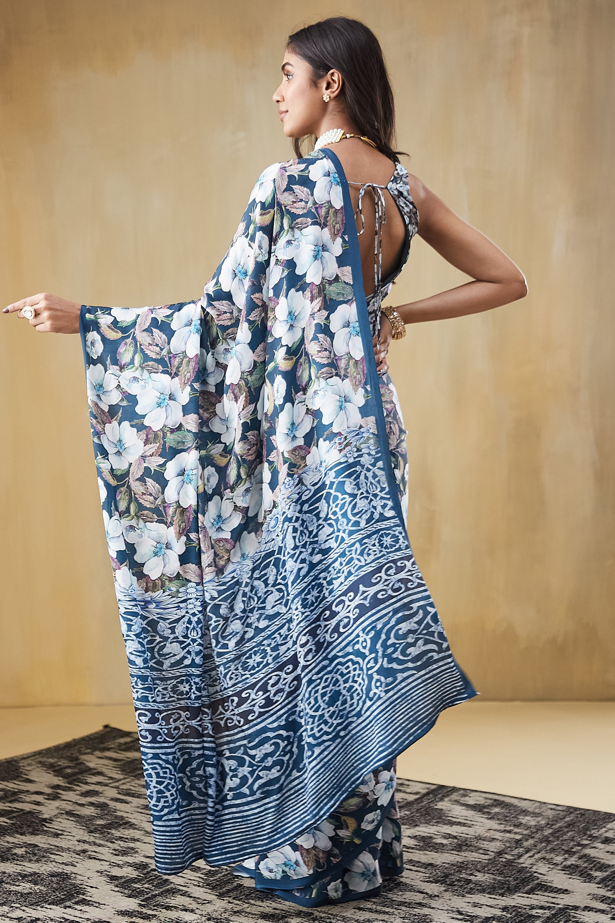 Digital Floral Printed Navy Silk Crepe Saree