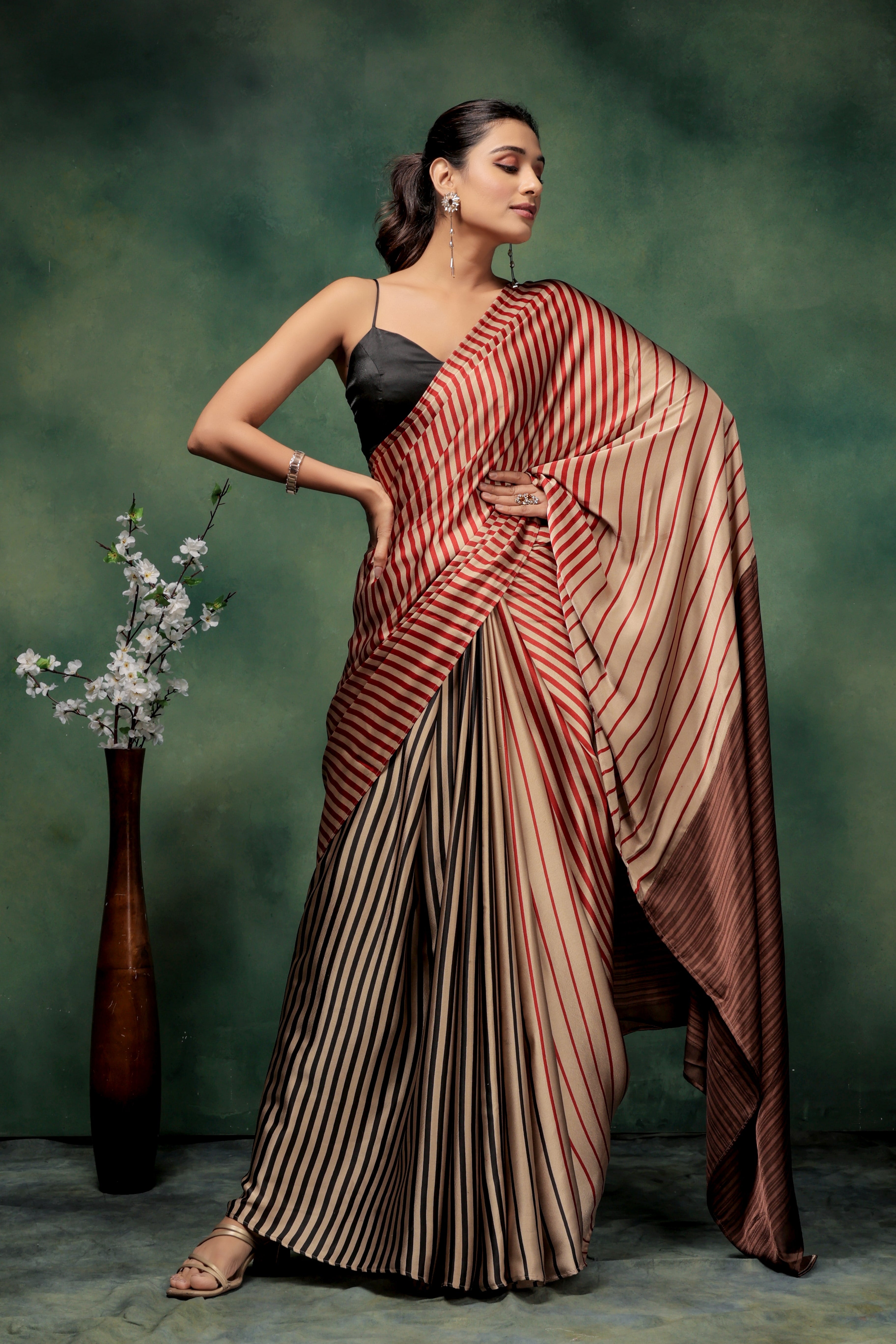 Fancy Stripes Beige Partywear Satin Saree