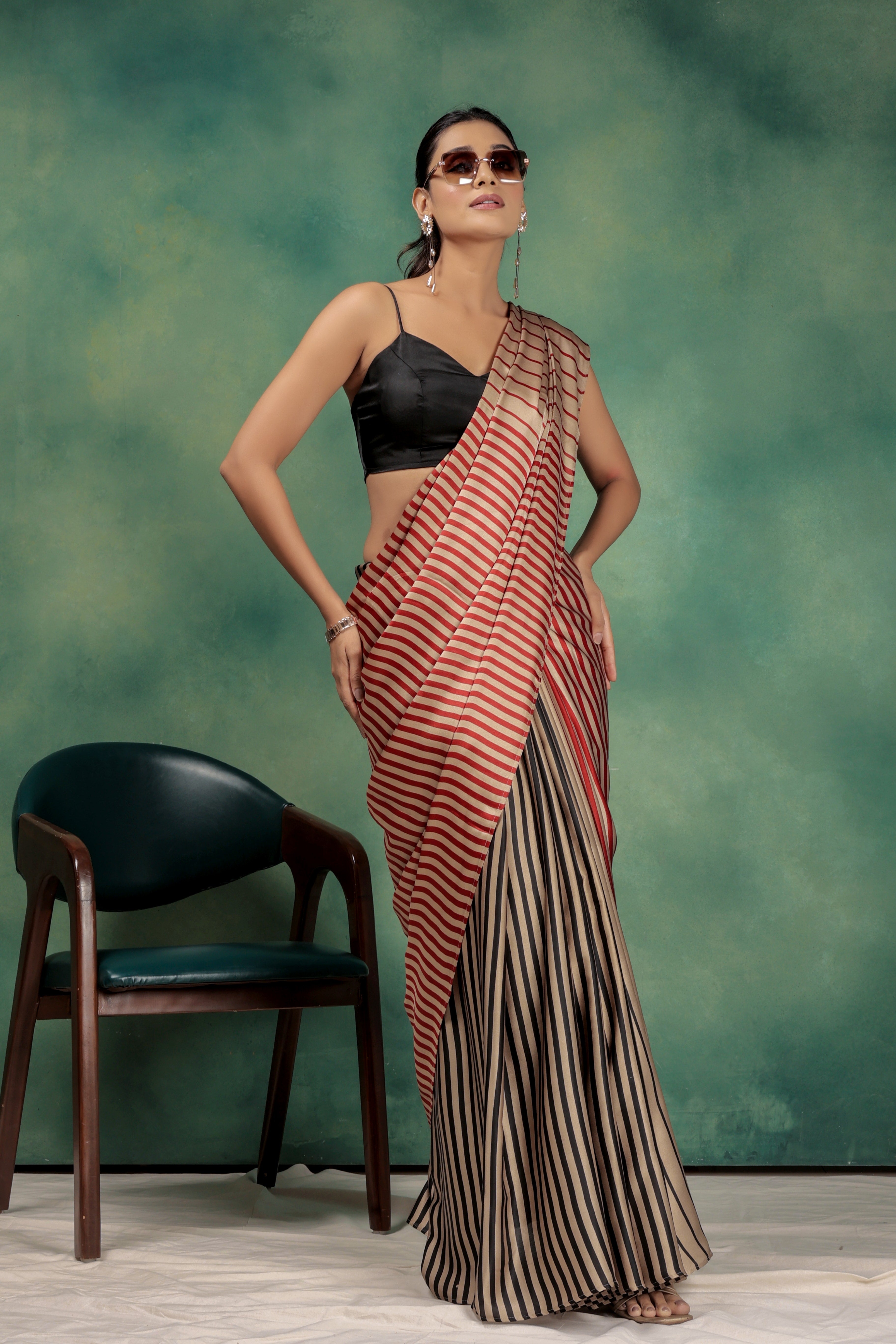 Fancy Stripes Beige Partywear Satin Saree
