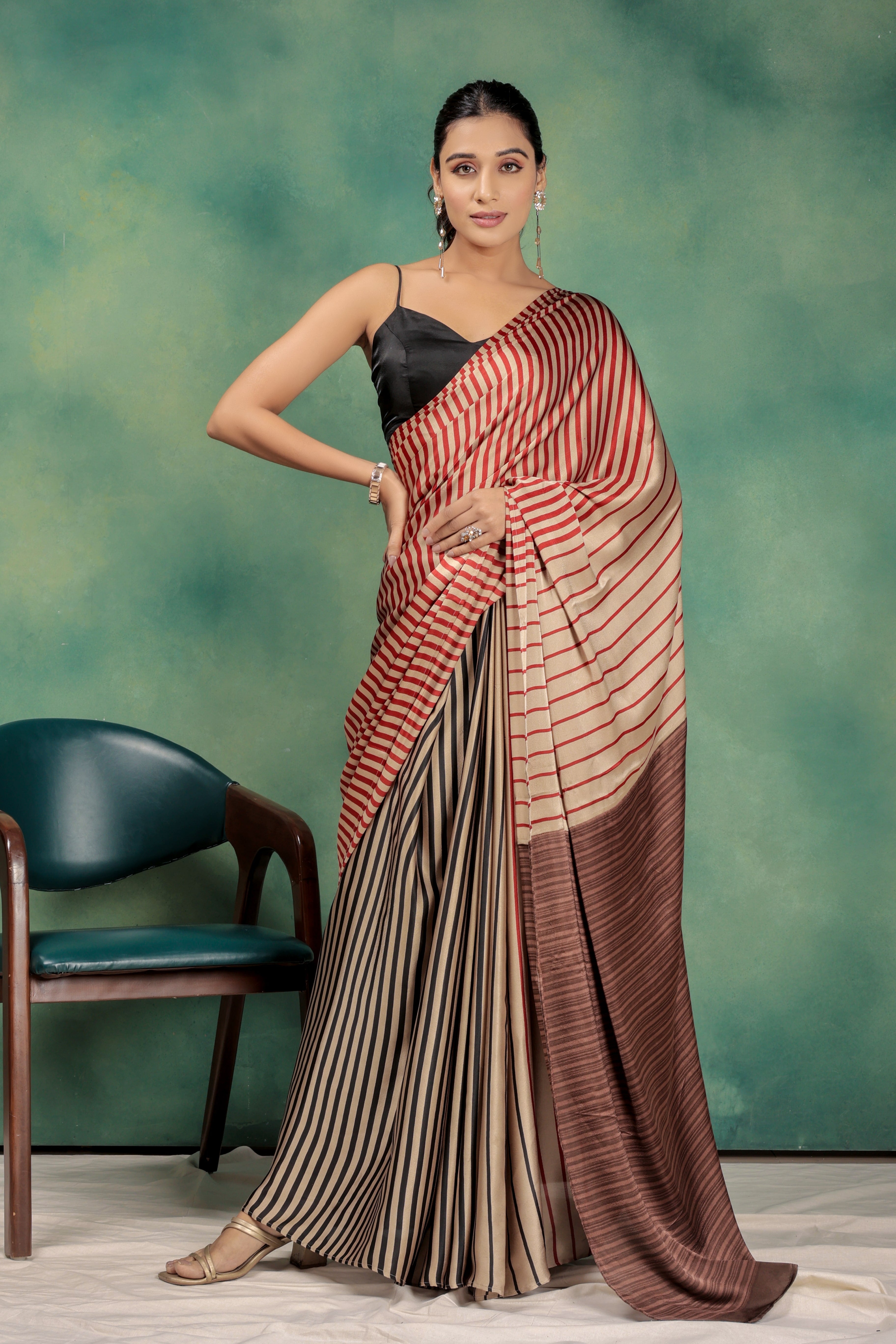 Fancy Stripes Beige Partywear Satin Saree