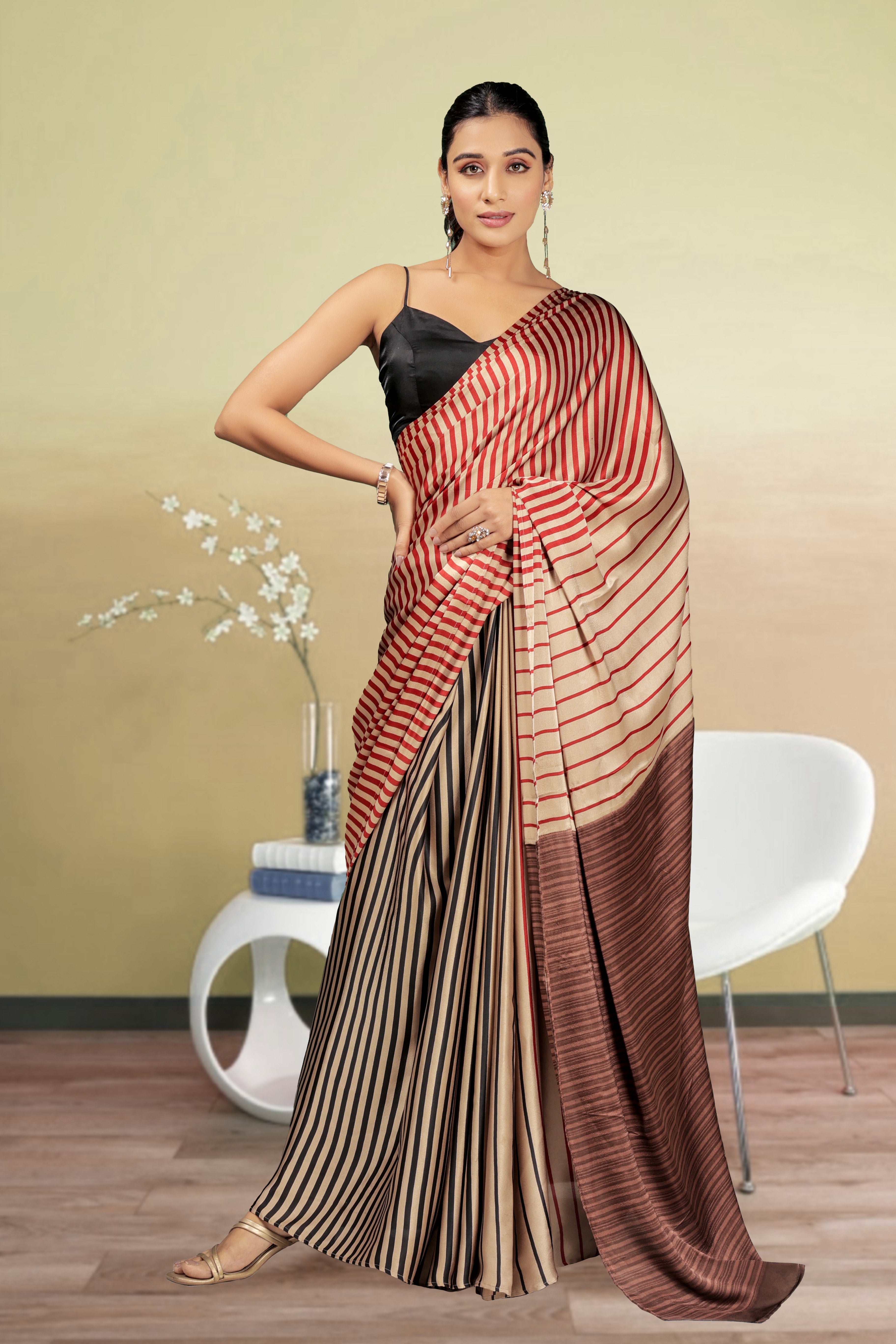 Fancy Stripes Beige Partywear Satin Saree