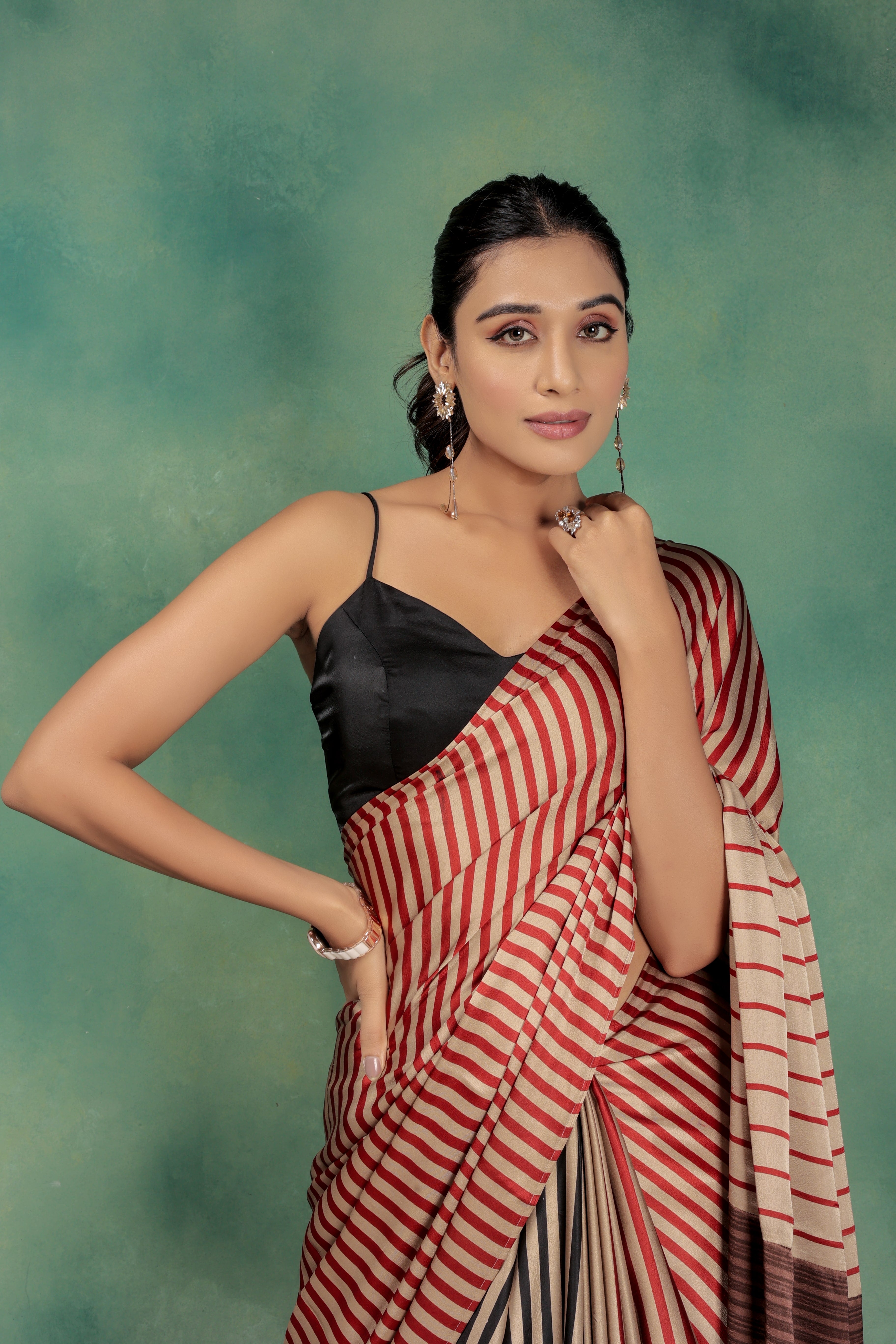 Fancy Stripes Beige Partywear Satin Saree