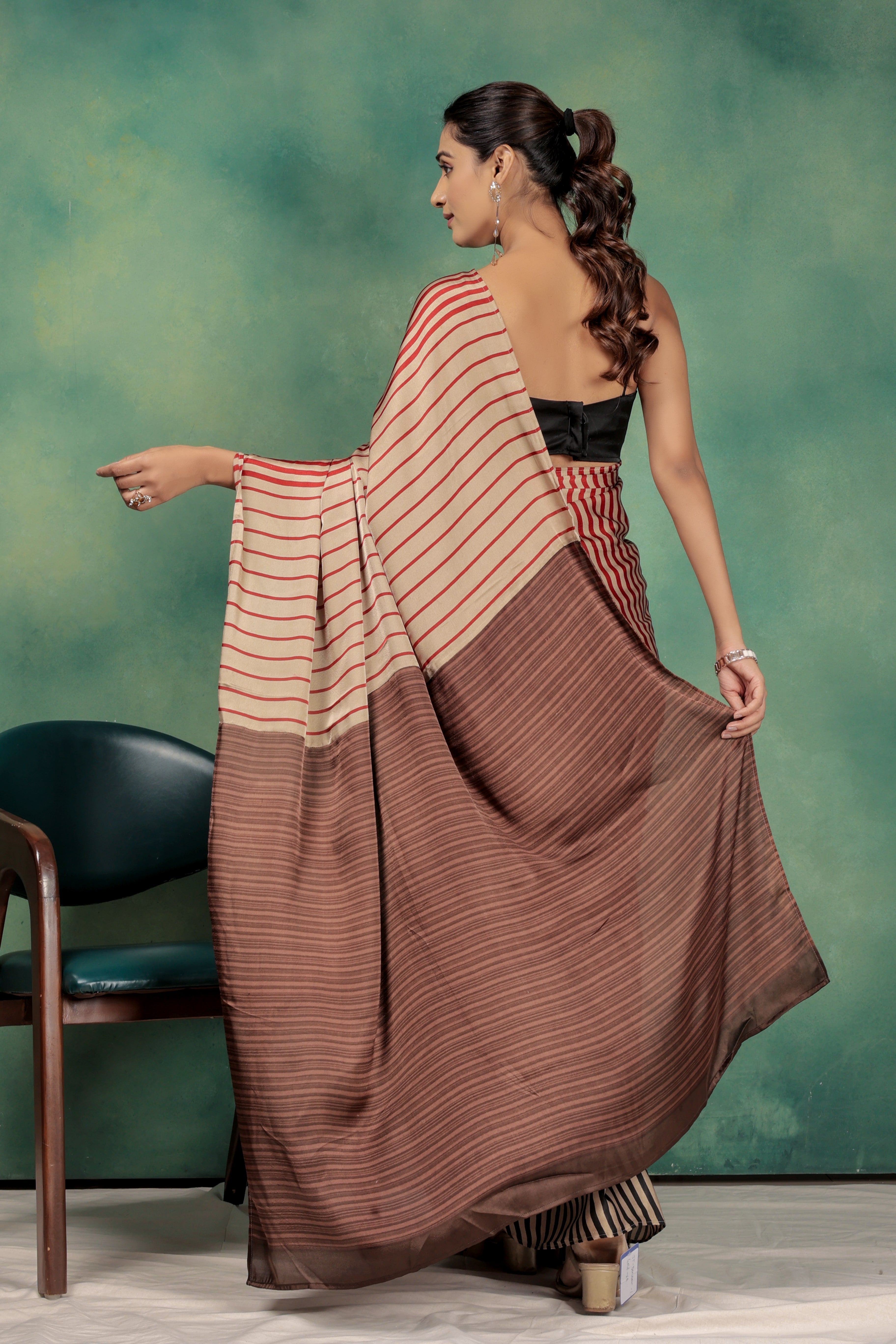 Fancy Stripes Beige Partywear Satin Saree