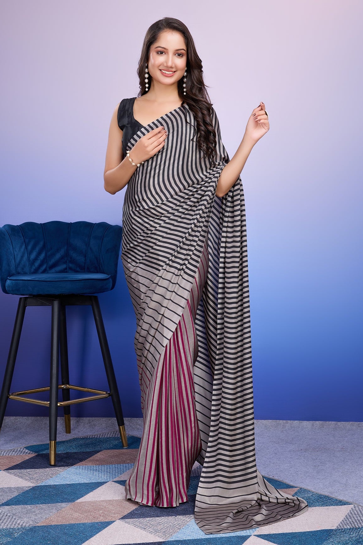 RACHNA Striped Satin  Ready to Wear Saree