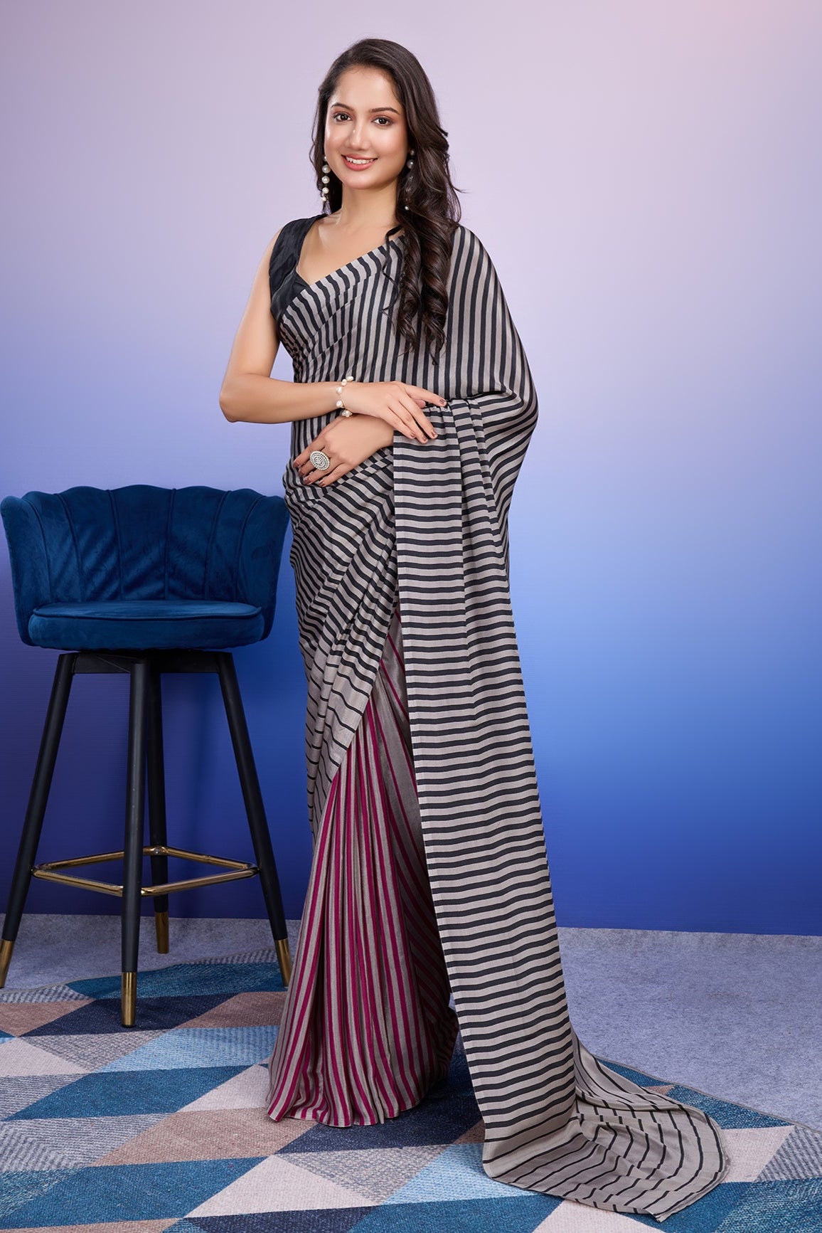 RACHNA Striped Satin  Ready to Wear Saree