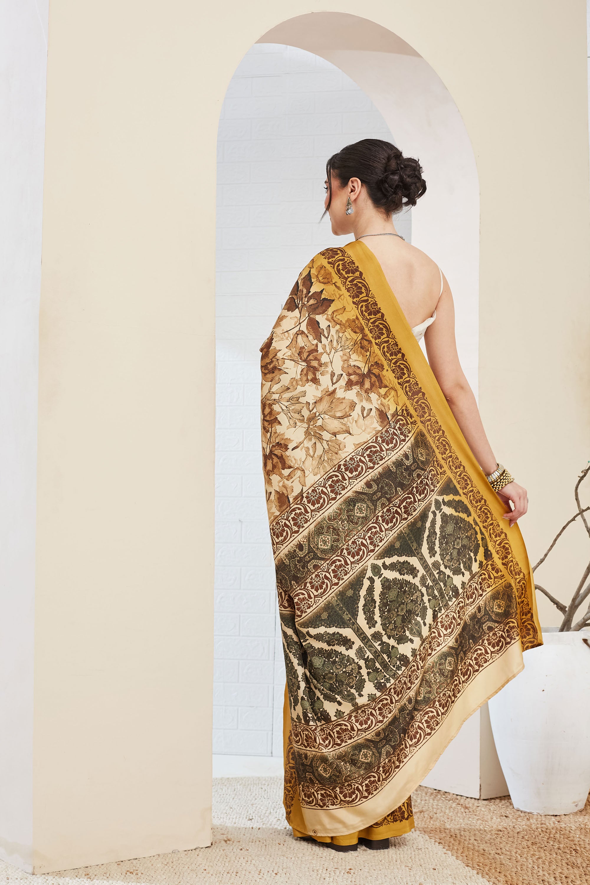 Yellow Floral Printed Silk Blend Ready To Wear Saree