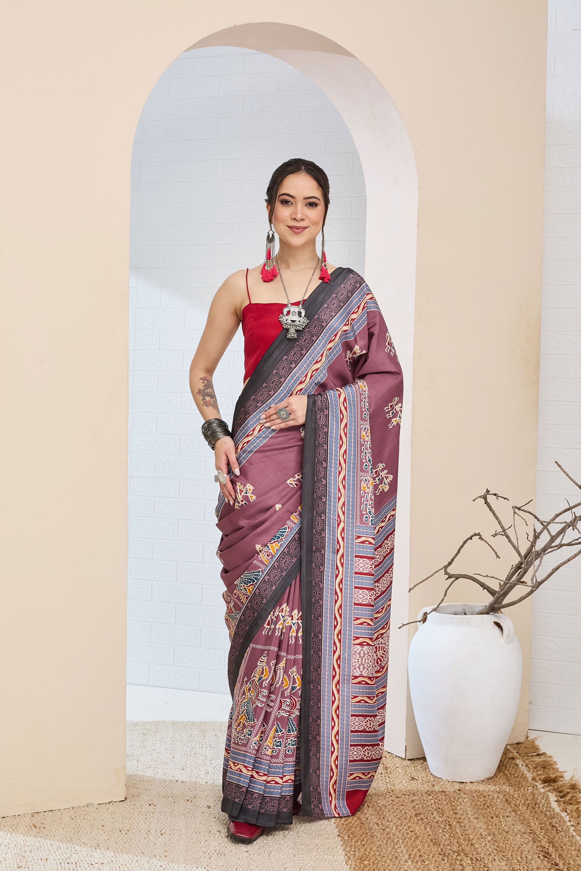 Purple Warli Printed Silk Blend Ready To Wear Saree