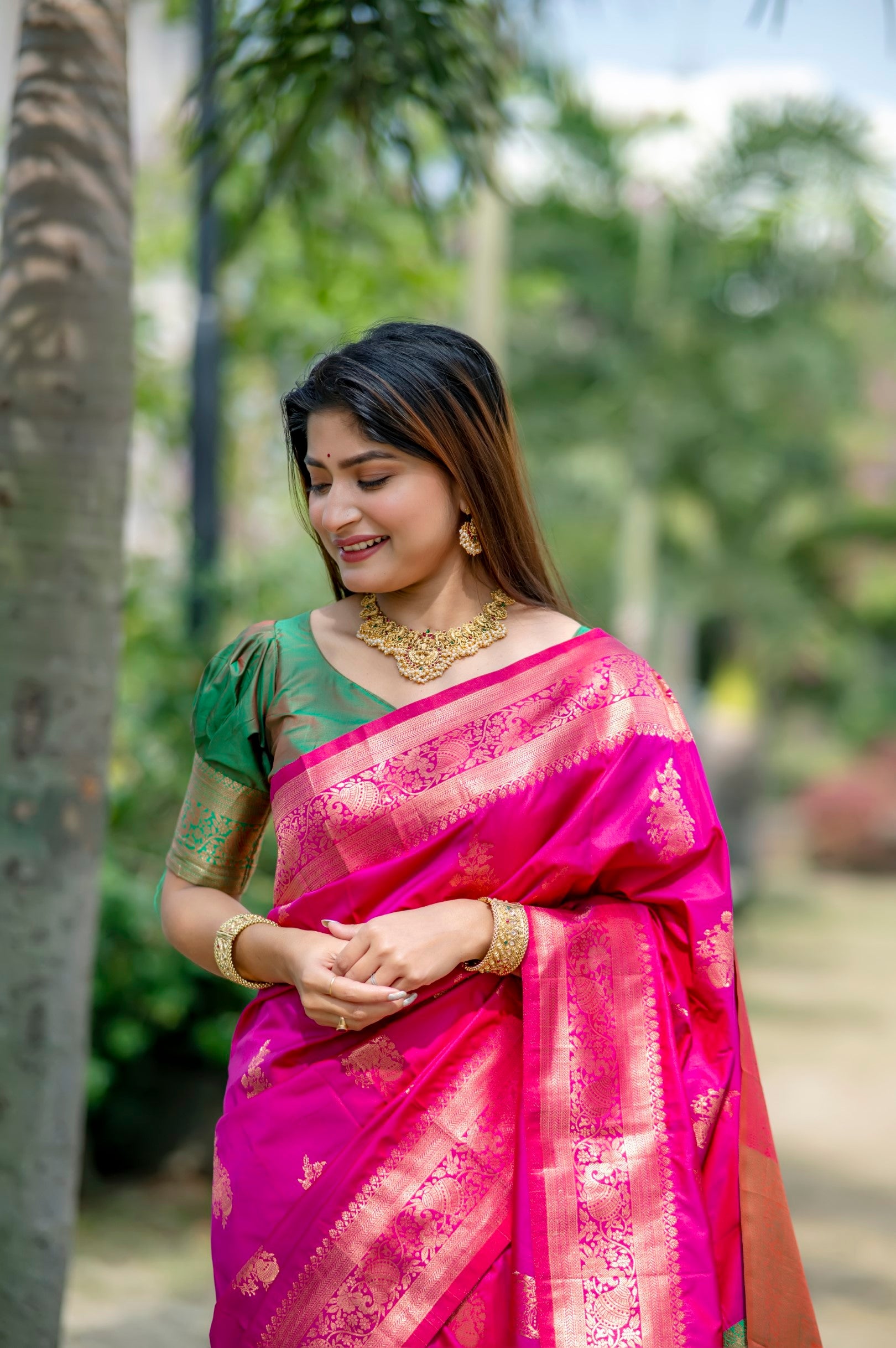 Pink Color Zari Woven Work Banarasi Silk Saree
