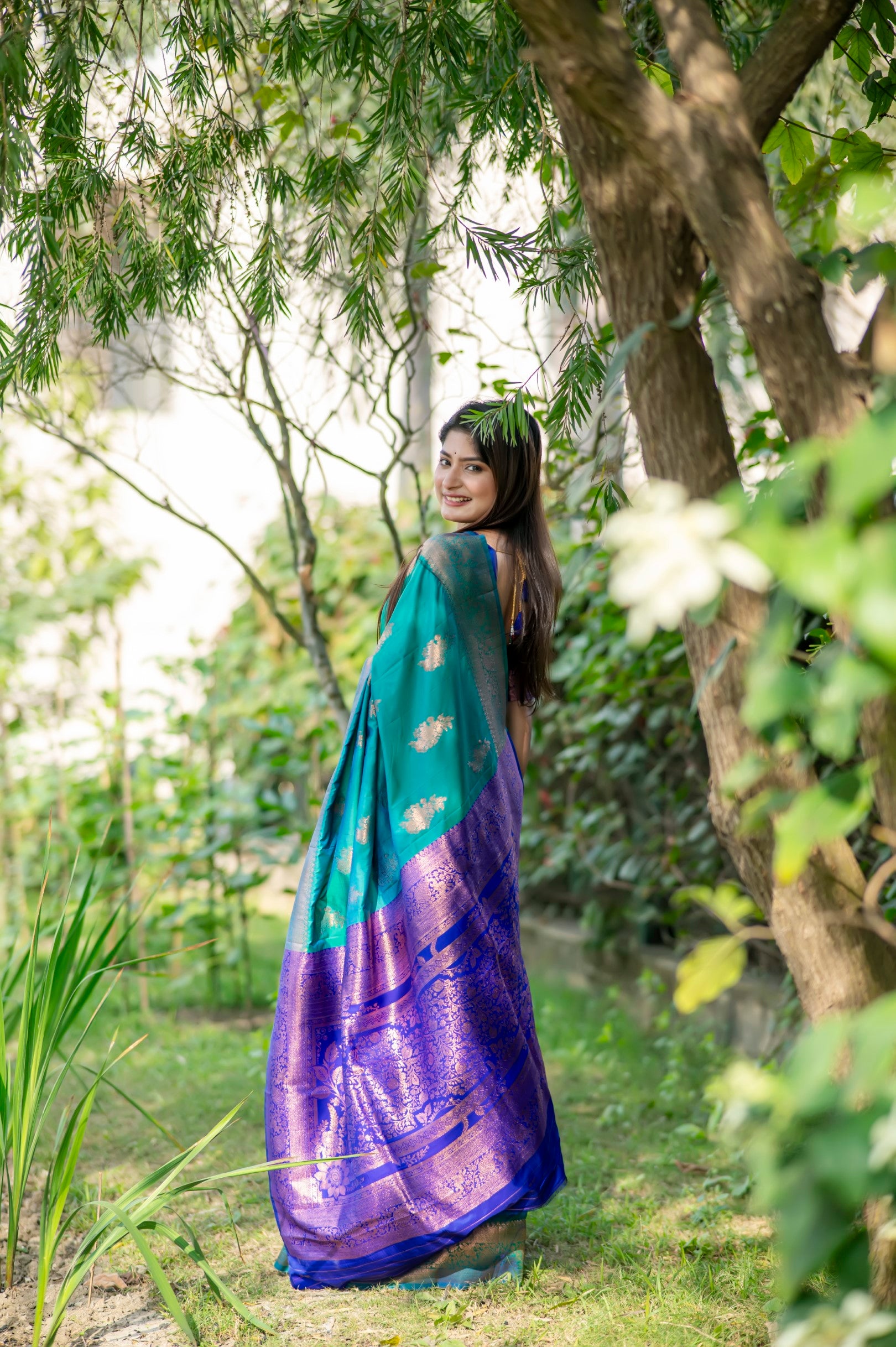 Rama Color Zari Woven Work Banarasi Silk Saree