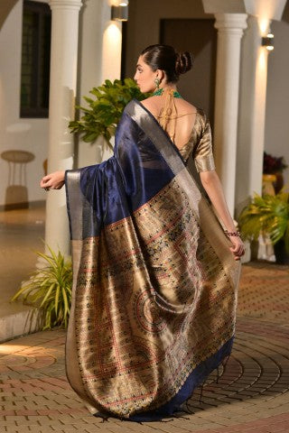 Traditional Blue Color Soft Tussar Silk Zari Border Designer Saree
