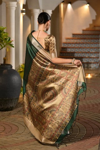 Traditional Green Color Soft Tussar Silk Zari Border Designer Saree