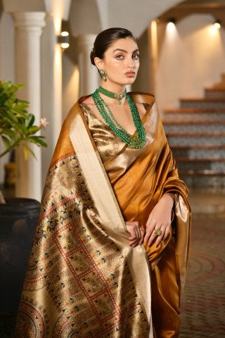 Traditional Yellow Color Soft Tussar Silk Zari Border Designer Saree