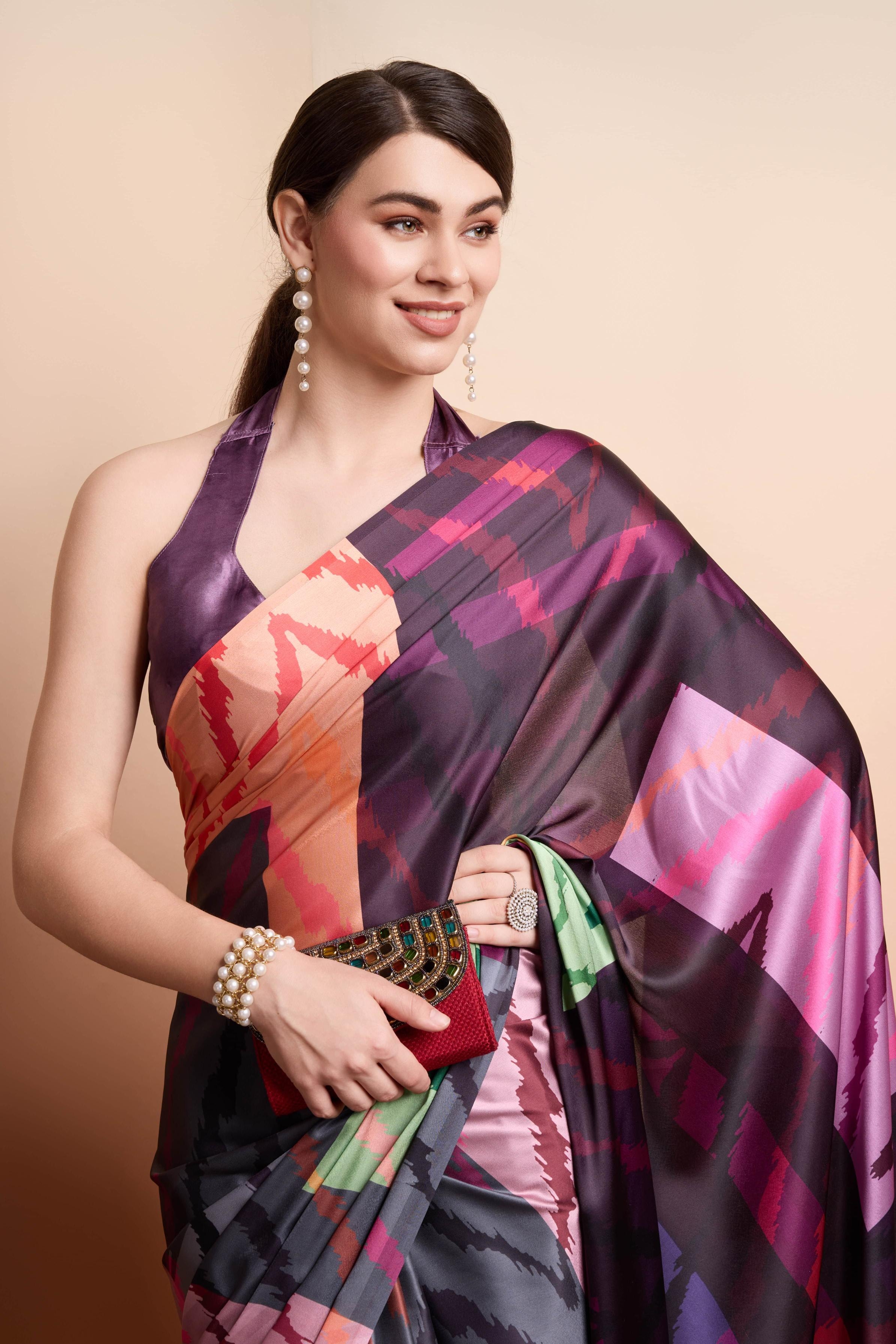 Digital Abstract Printed Satin Silk  Ready to Wear Saree