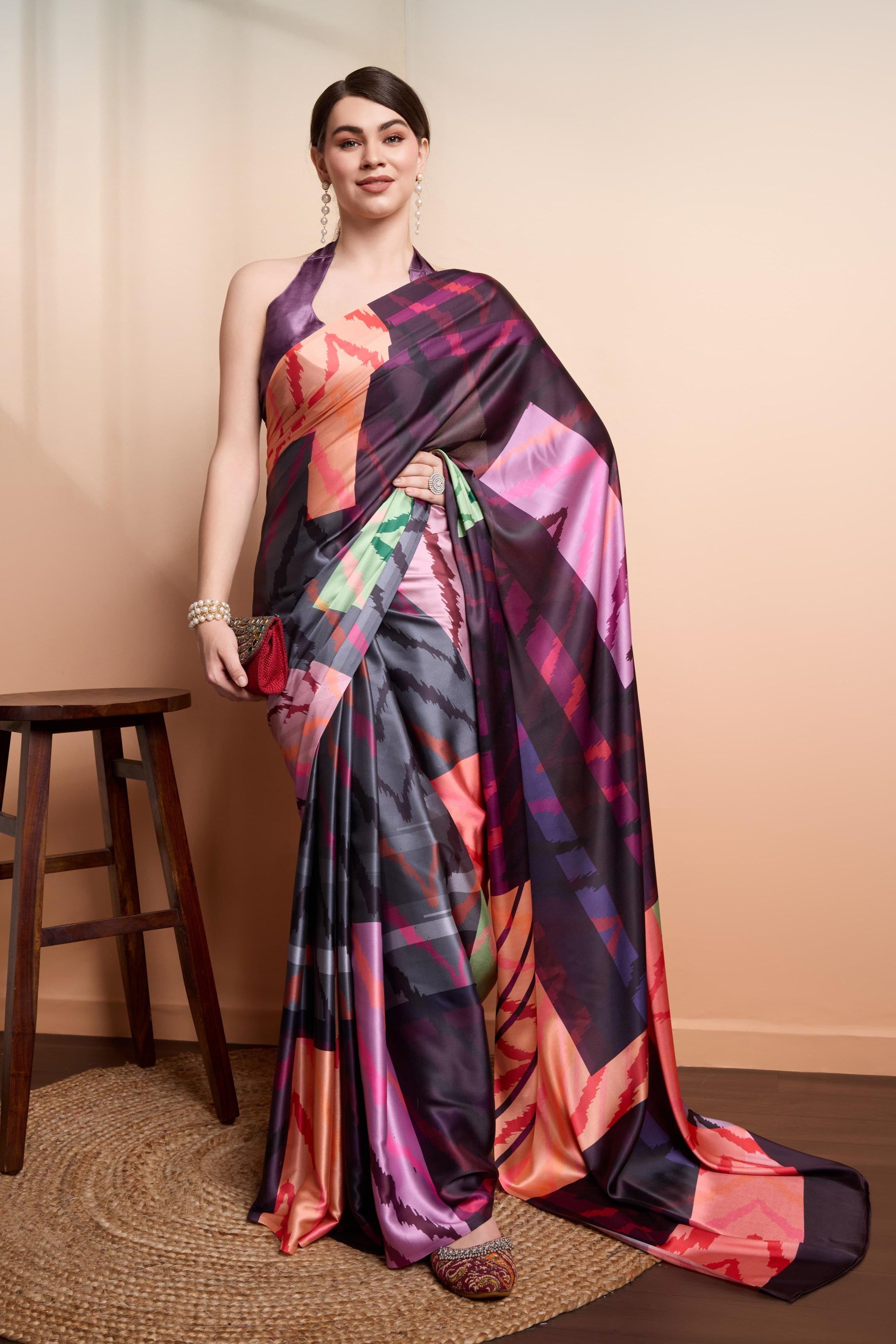Digital Abstract Printed Satin Silk  Ready to Wear Saree