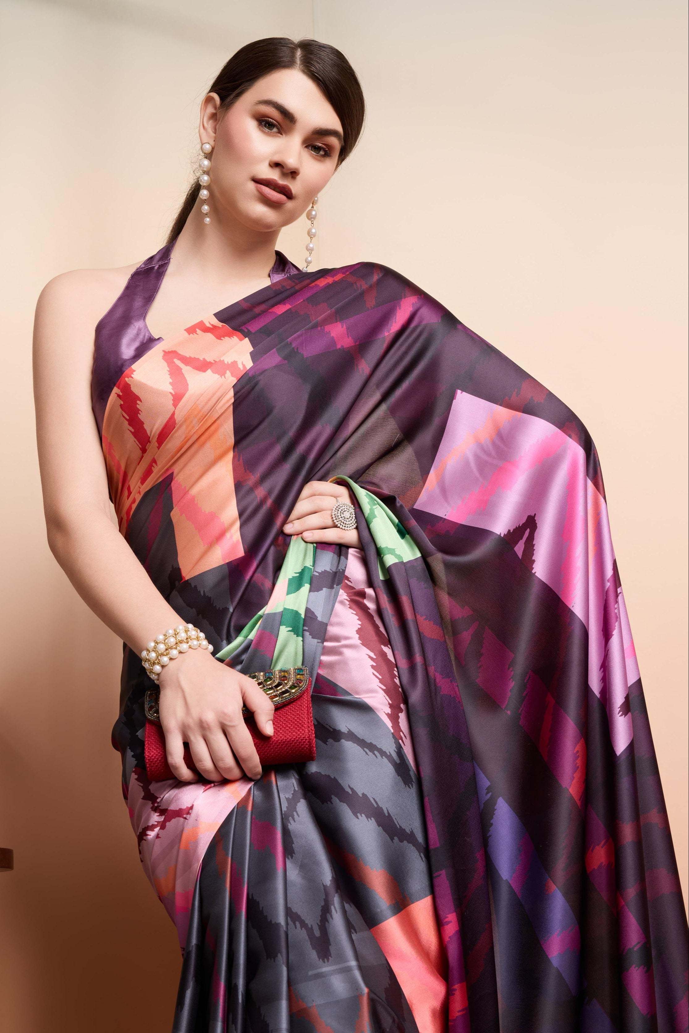 Digital Abstract Printed Satin Silk  Ready to Wear Saree