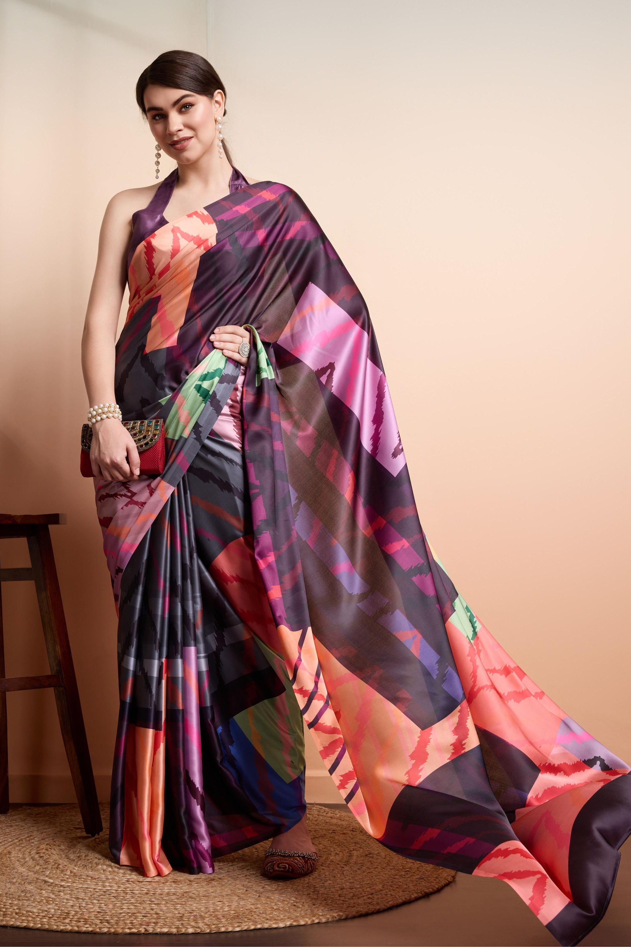 Digital Abstract Printed Satin Silk  Ready to Wear Saree