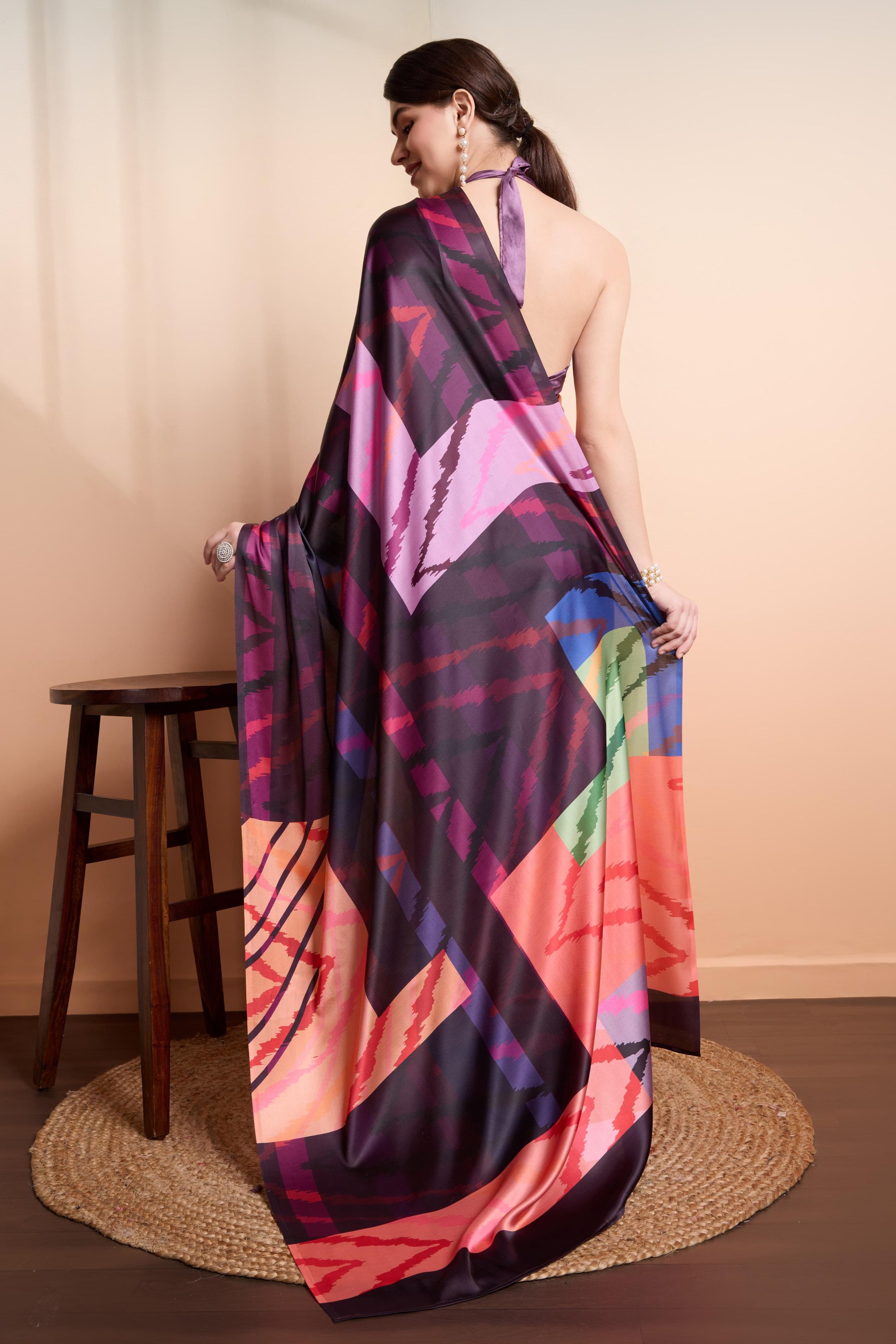 Digital Abstract Printed Satin Silk  Ready to Wear Saree