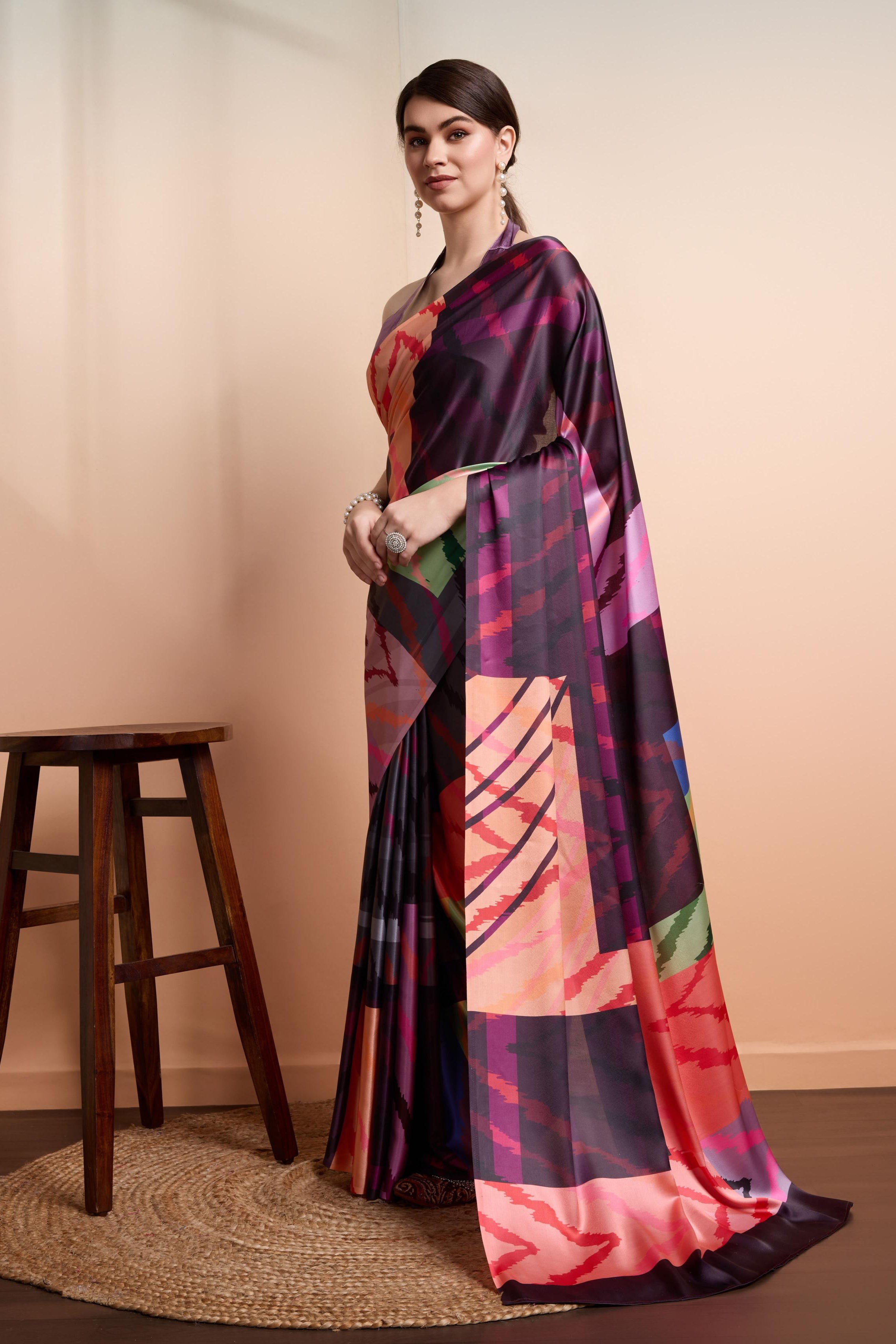 Digital Abstract Printed Satin Silk  Ready to Wear Saree