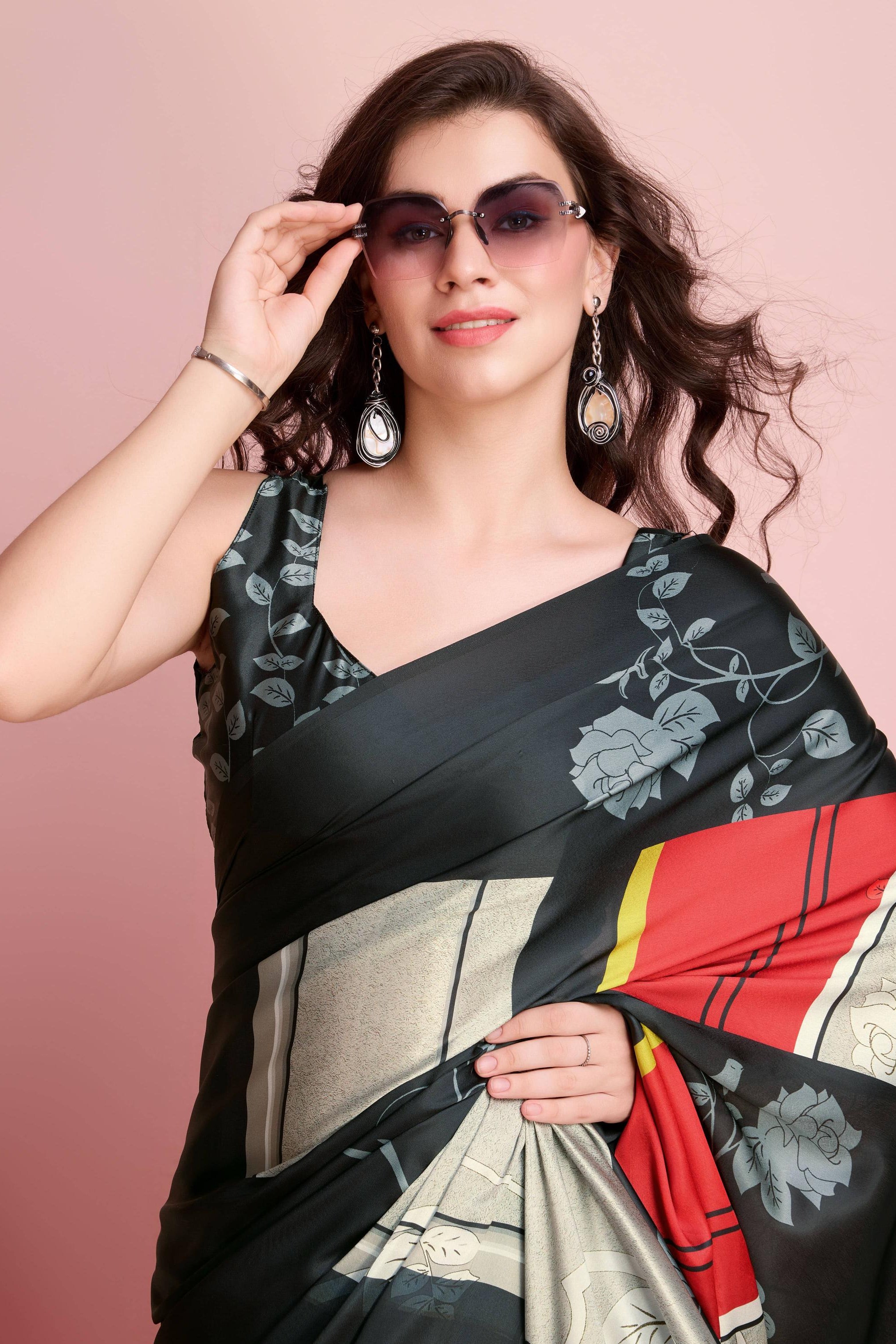 Digital Floral Art Print Satin Silk Ready to Wear Saree