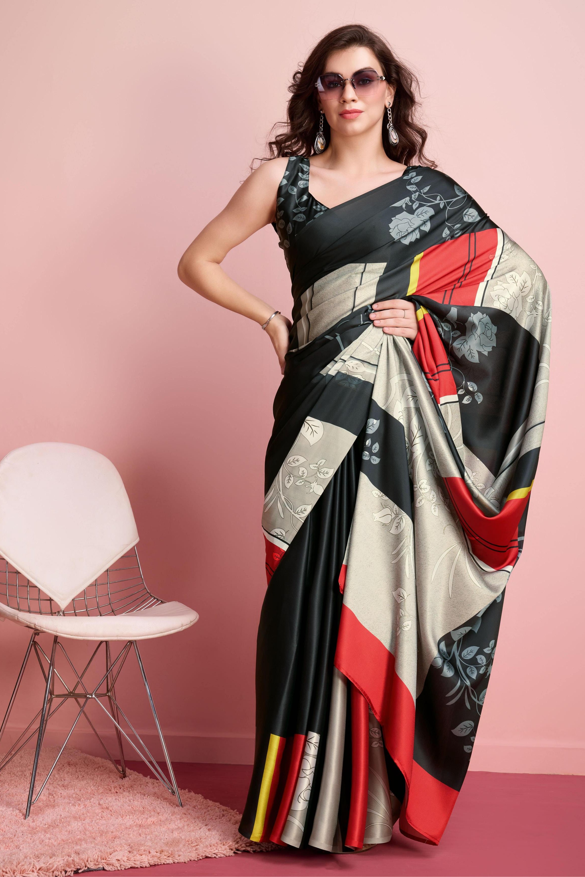 Digital Floral Art Print Satin Silk  Saree