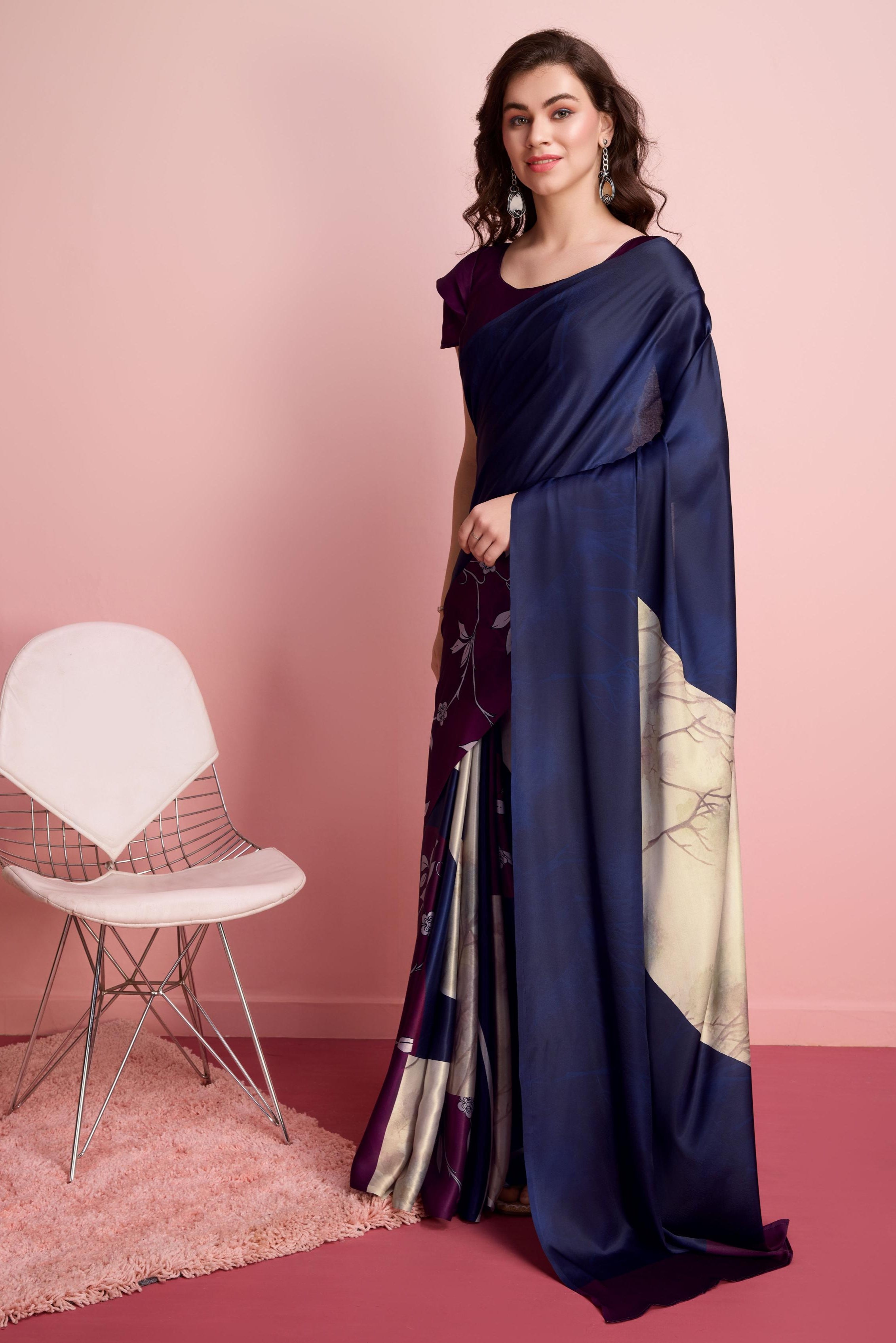 Digital Floral Art Print Satin Silk Ready to Wear Saree