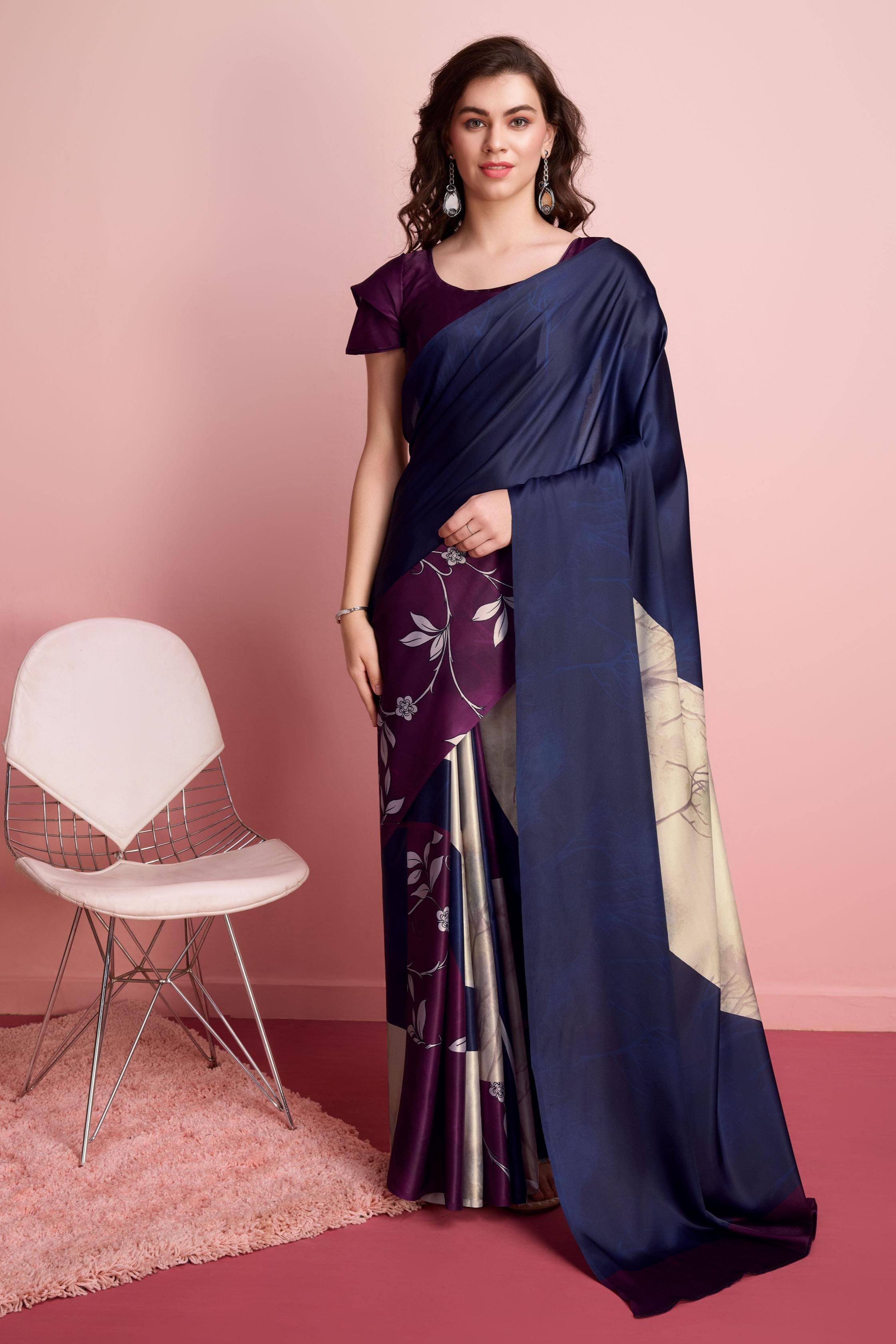 Digital Floral Art Print Satin Silk Saree