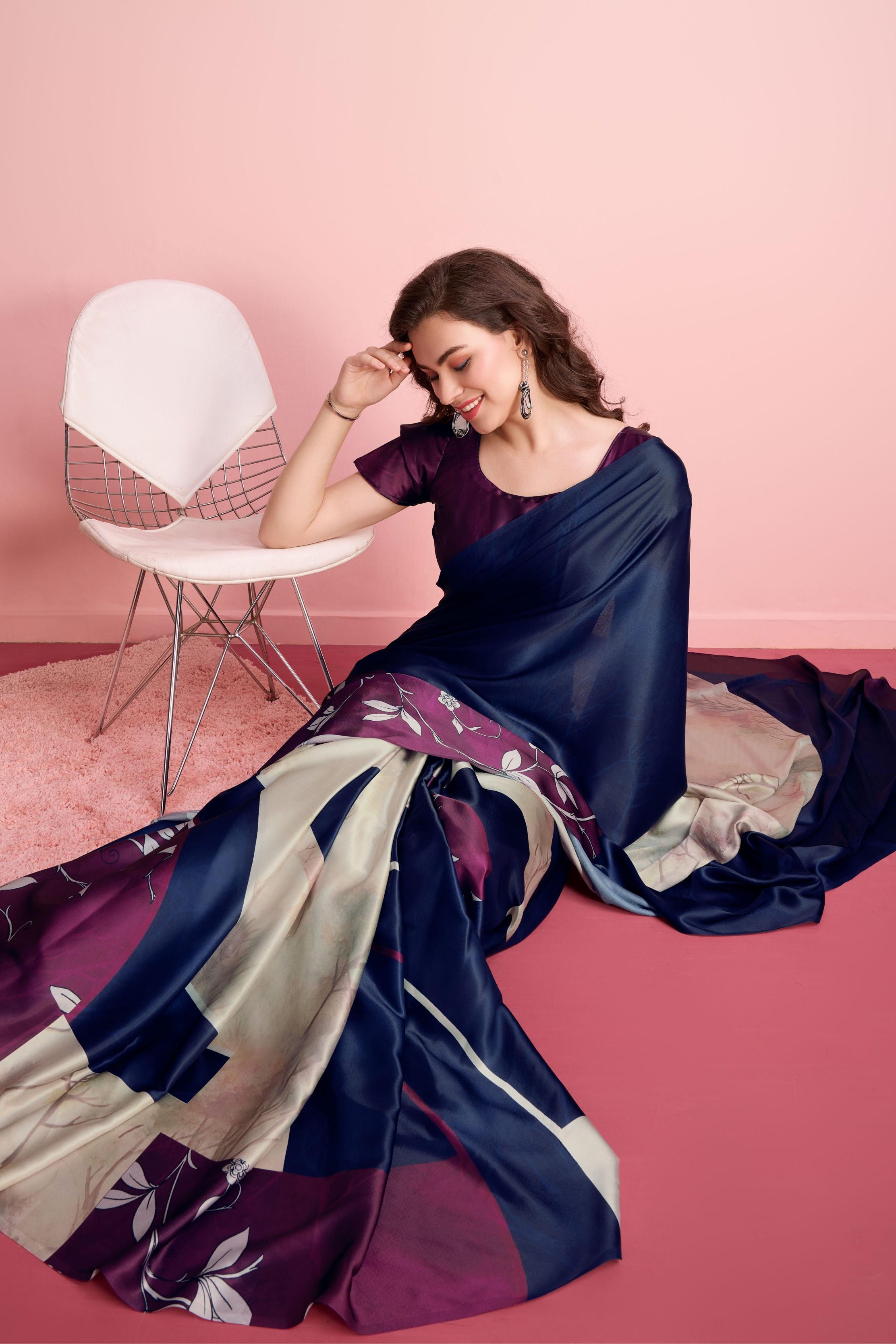 Digital Floral Art Print Satin Silk Ready to Wear Saree