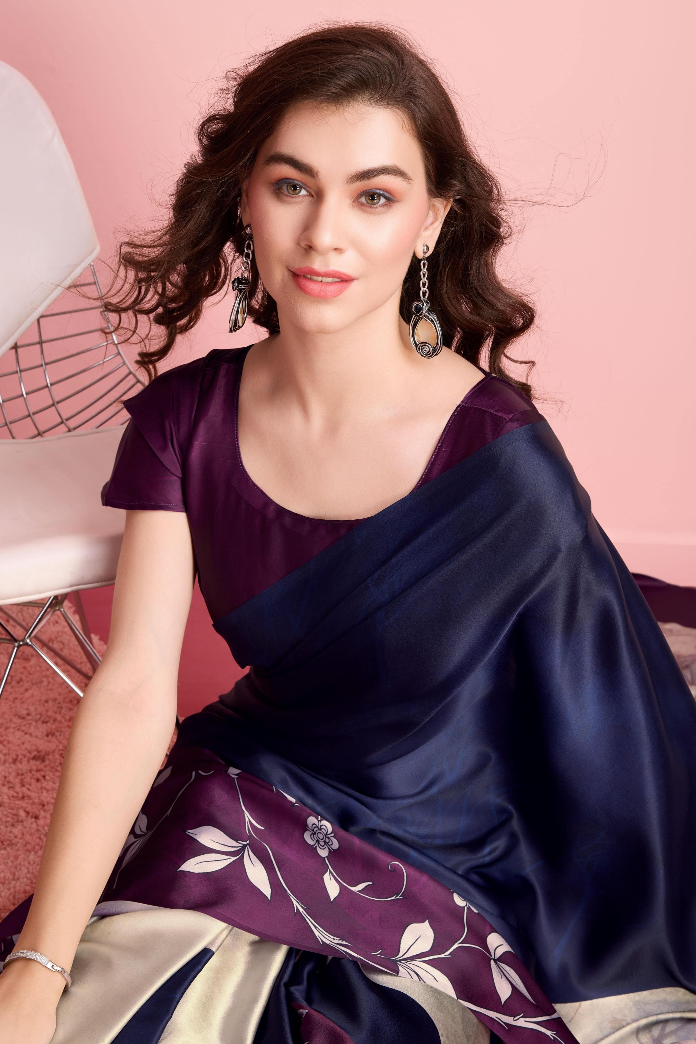 Digital Floral Art Print Satin Silk Ready to Wear Saree