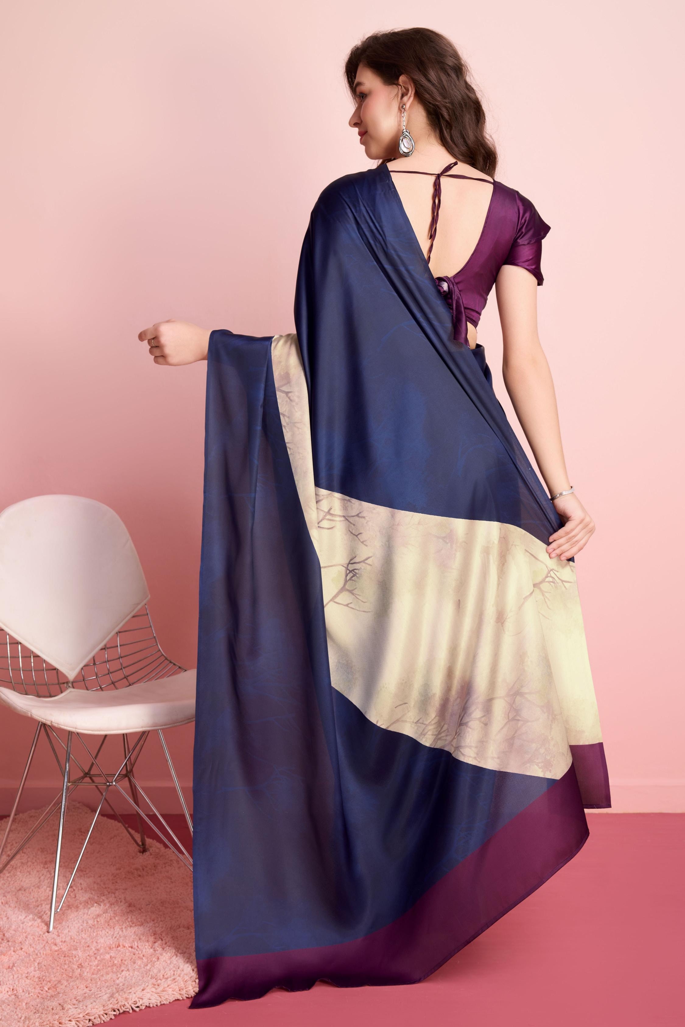 Digital Floral Art Print Satin Silk Ready to Wear Saree