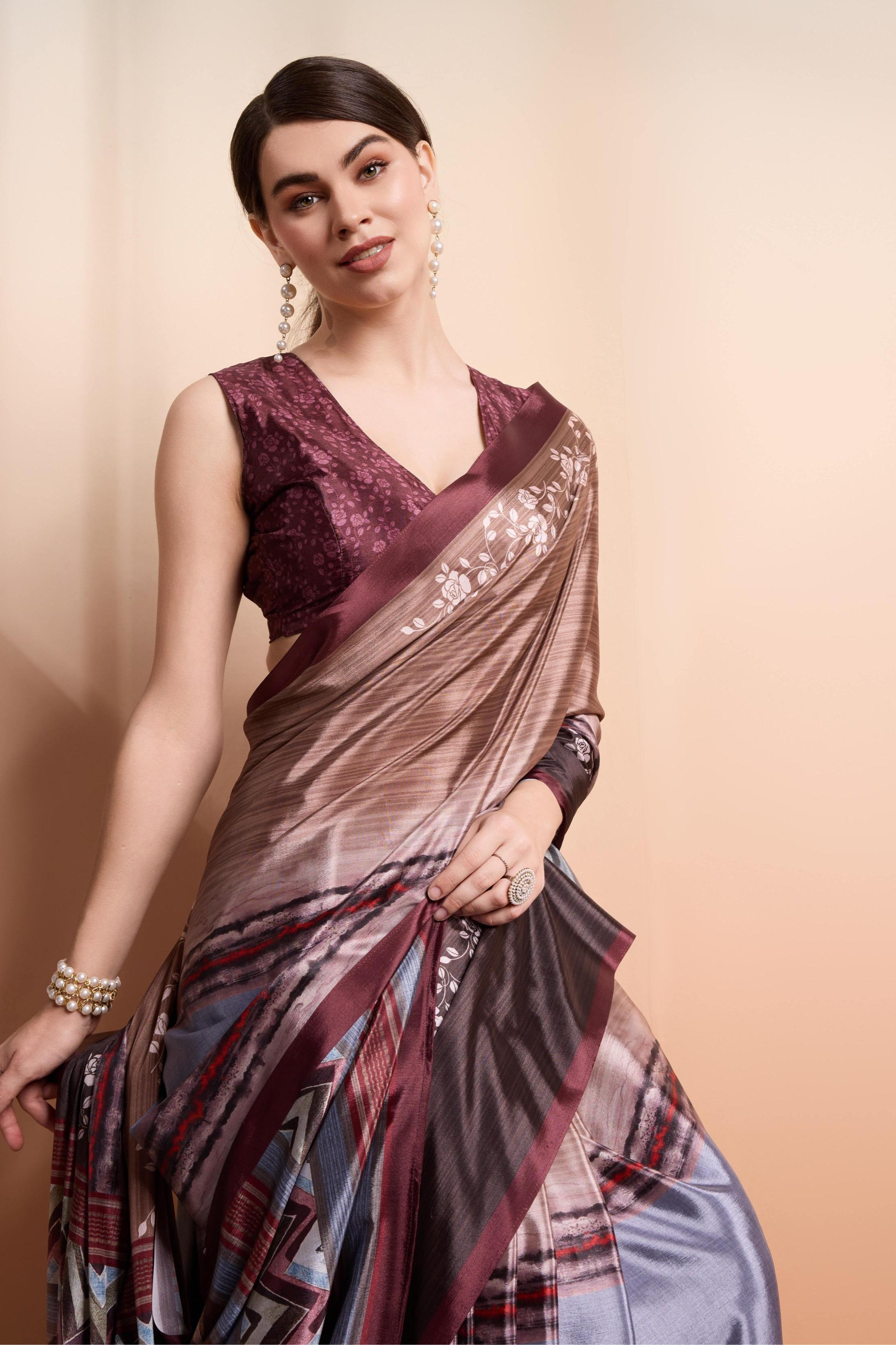 Digital Floral Art Print Satin Silk  Saree