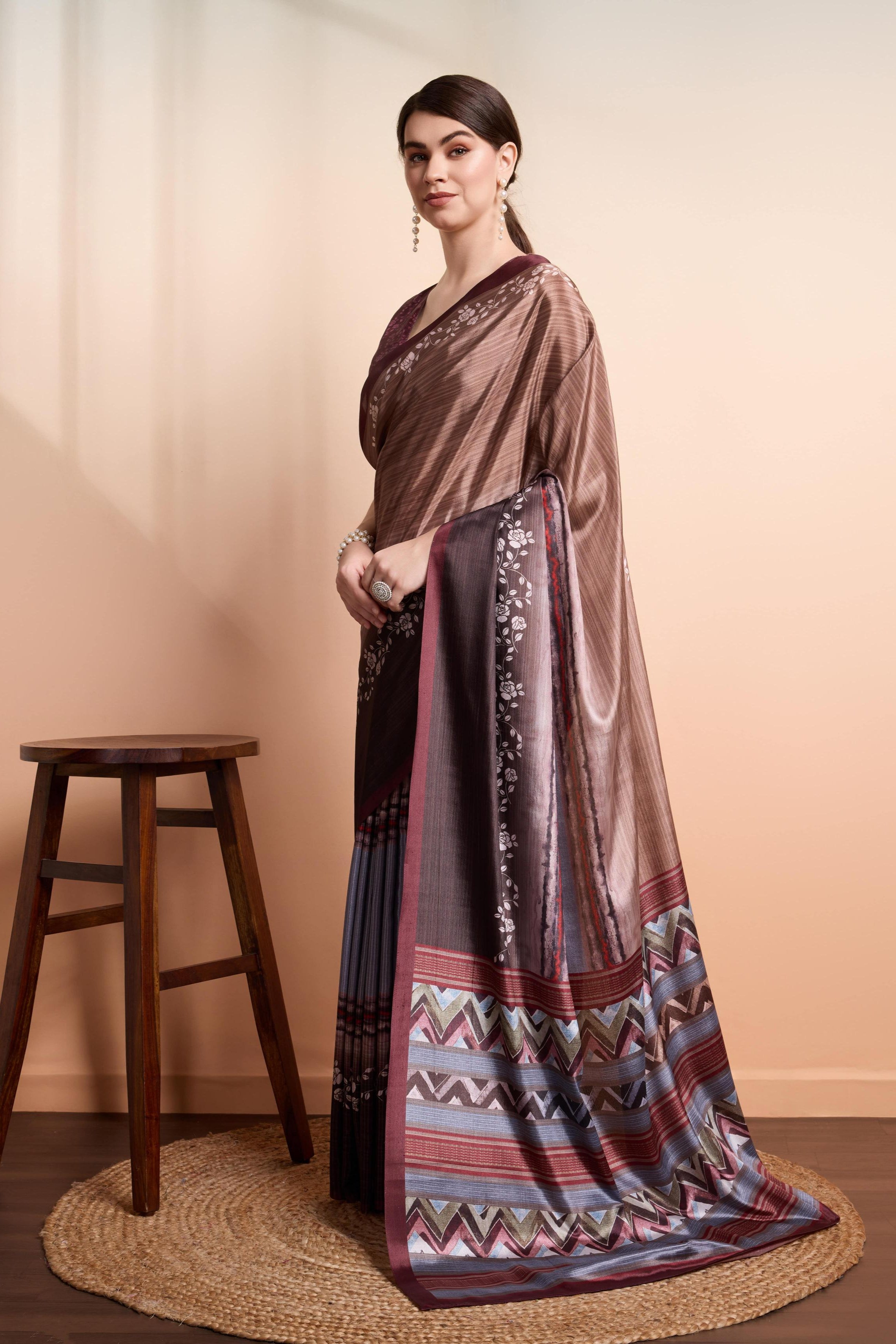 Digital Floral Art Print Satin Silk  Saree