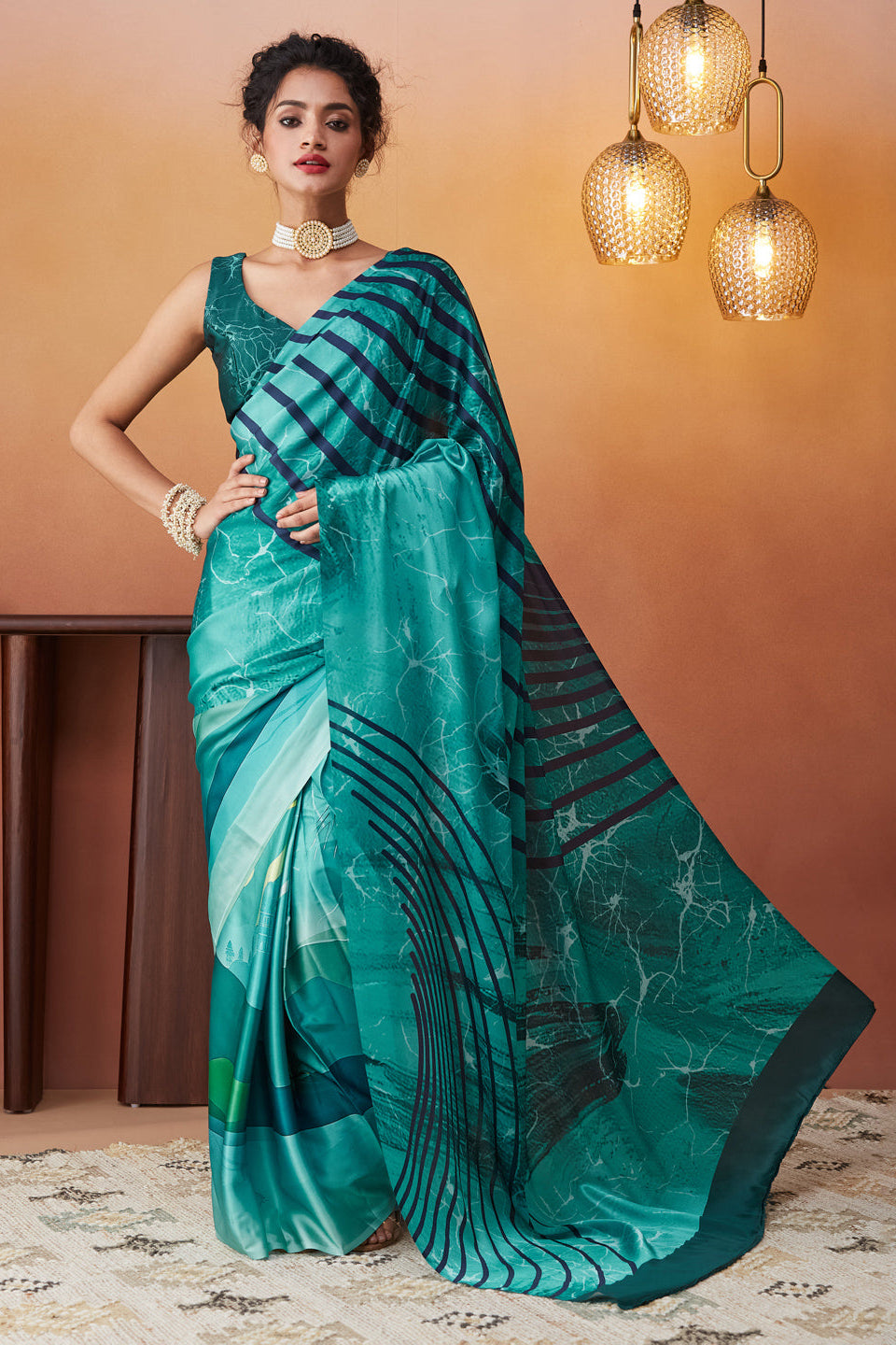 Abstract Digital Printed Satin Ready To Wear Saree