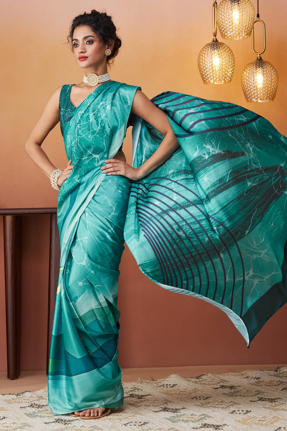 Abstract Digital Printed Satin Ready To Wear Saree