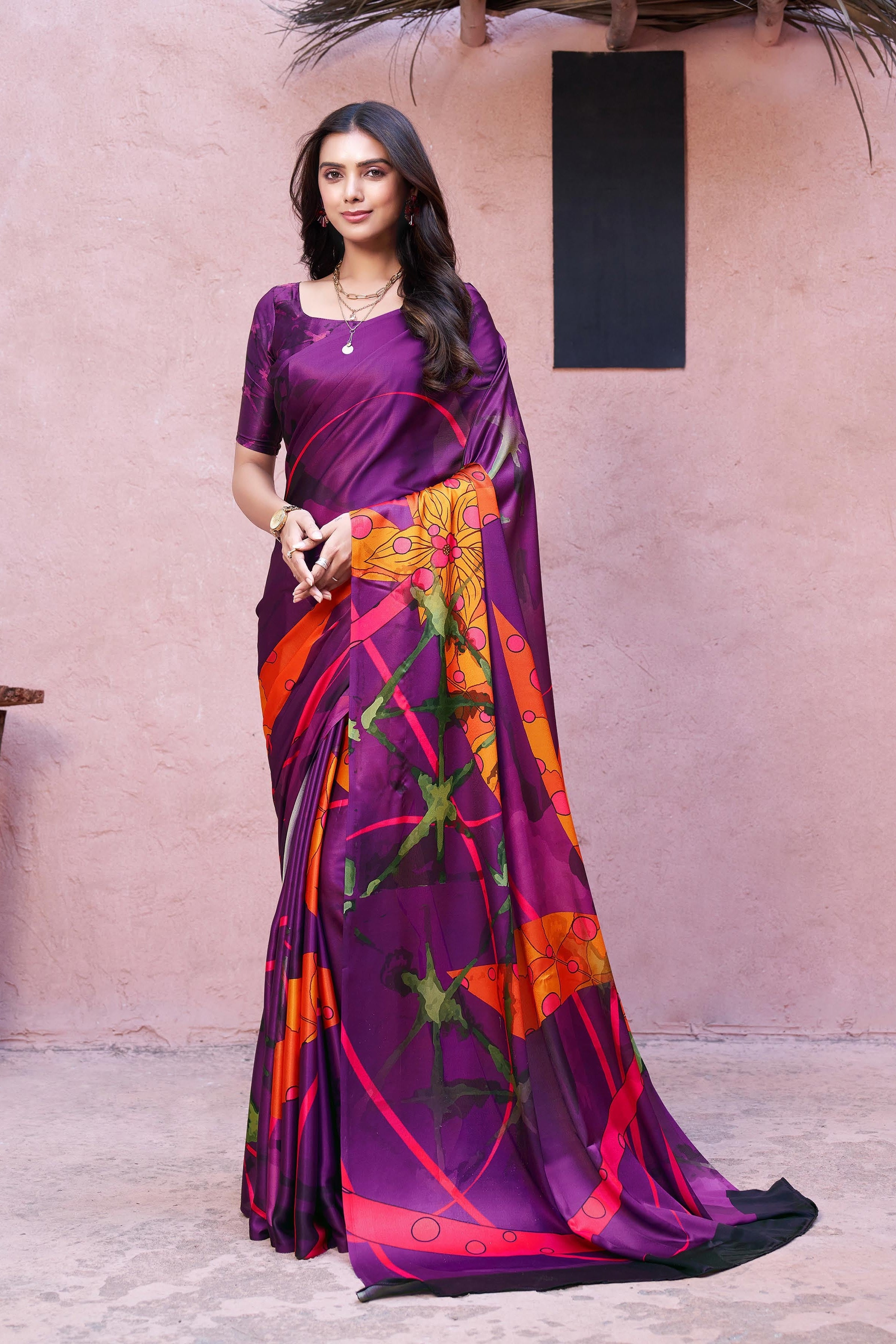 Digital Big Art Prints Satin Silk  Ready to Wear Saree