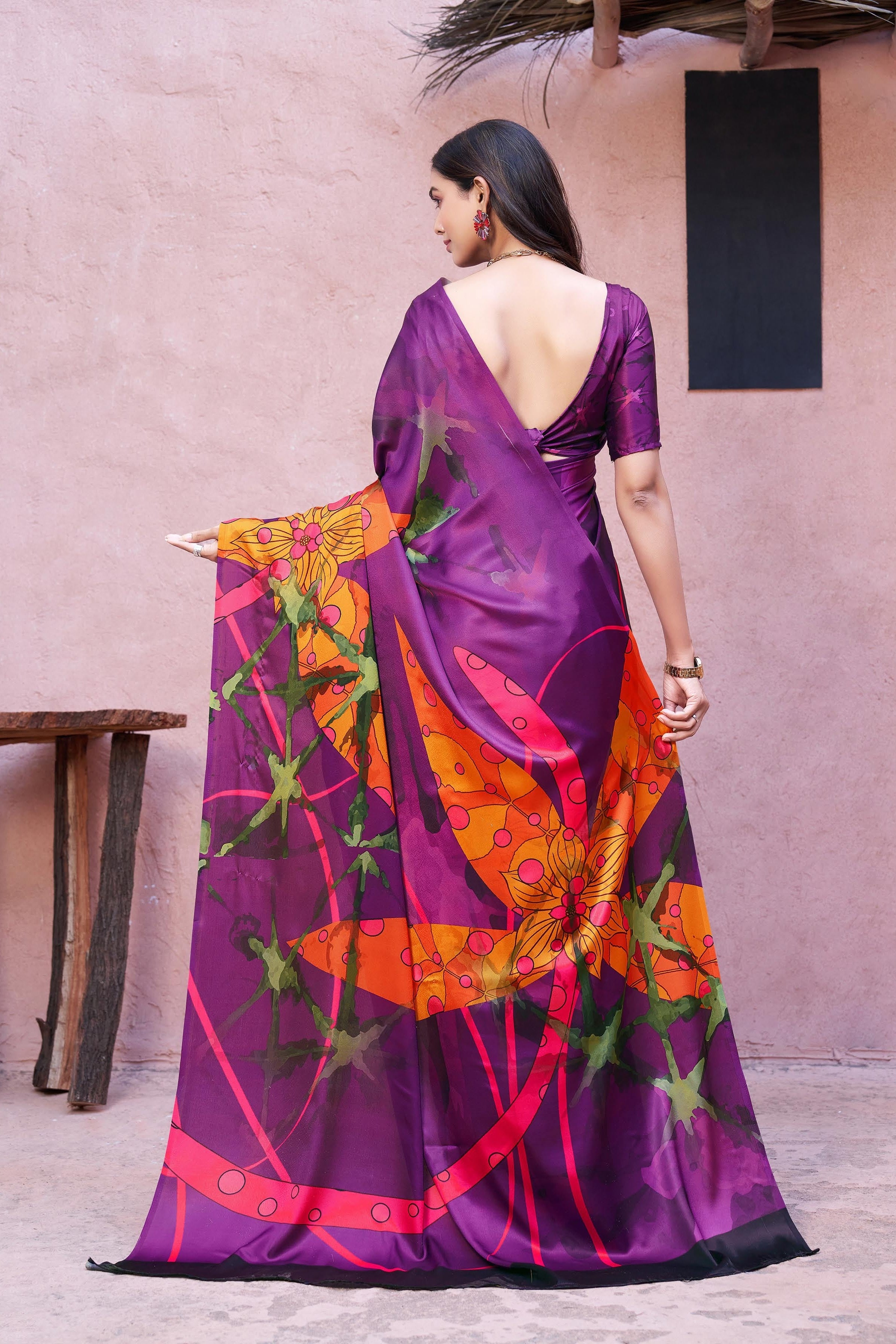 Digital Big Art Prints Satin Silk  Ready to Wear Saree