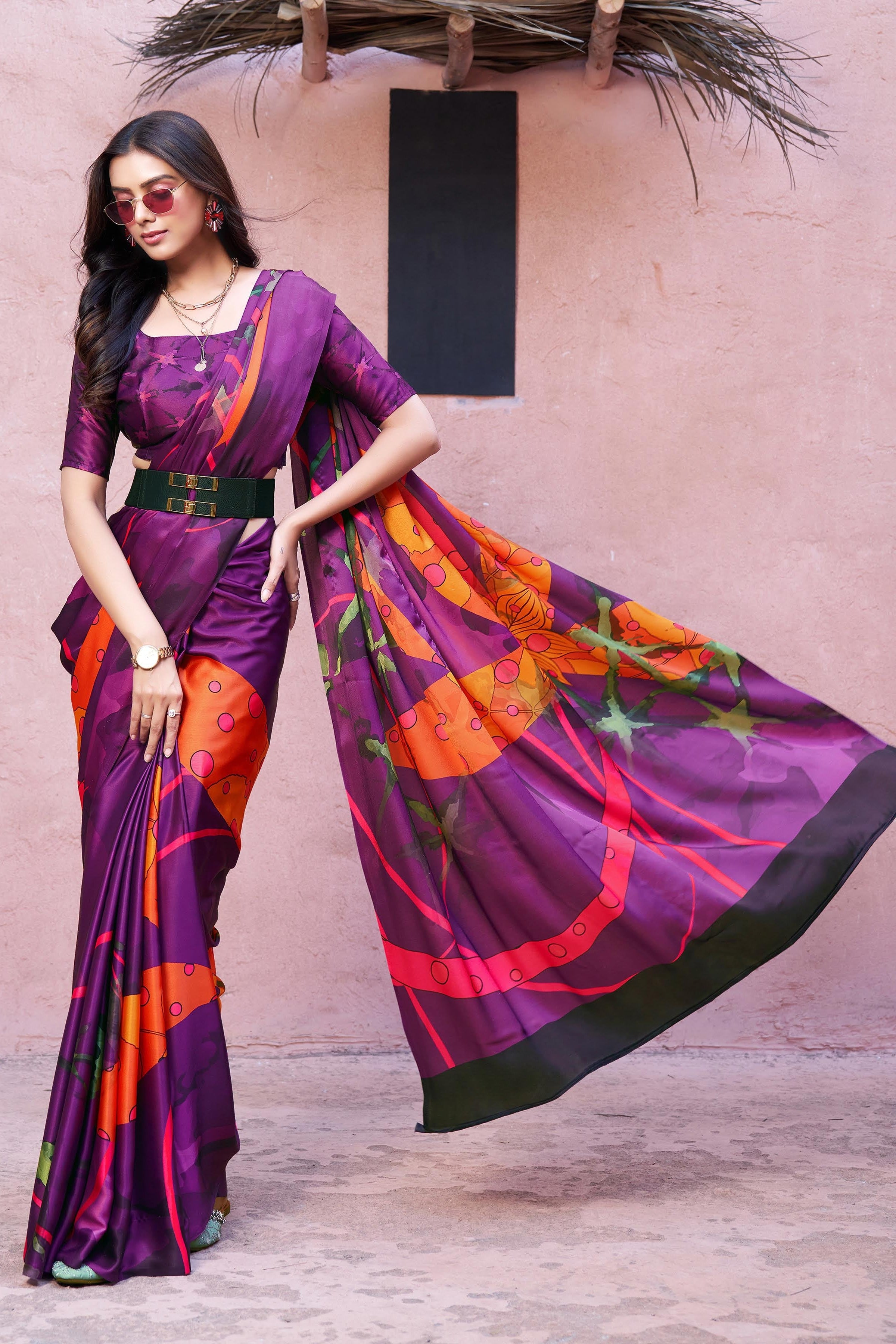 Digital Big Art Prints Satin Silk  Ready to Wear Saree