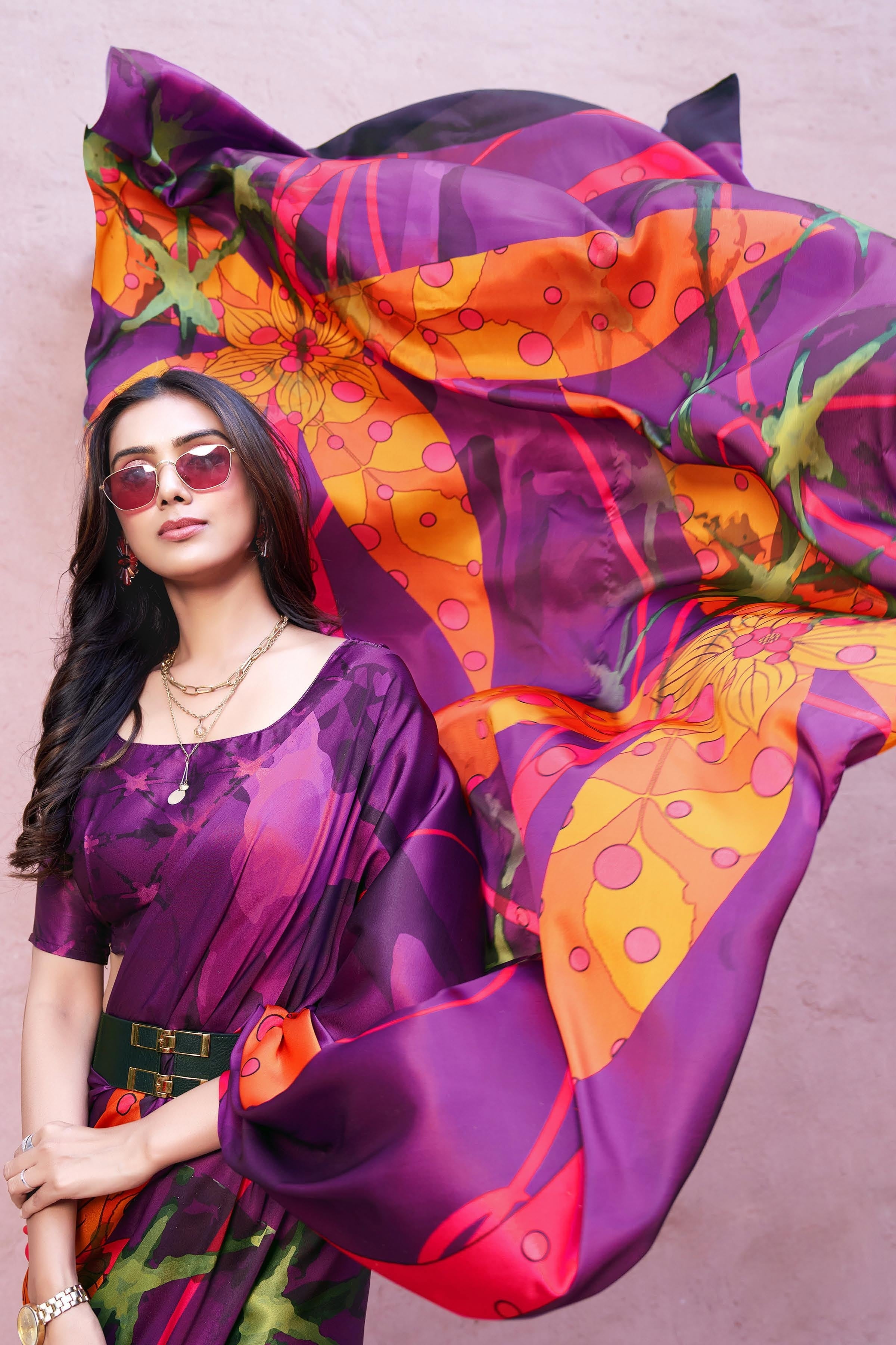 Digital Big Art Prints Satin Silk  Ready to Wear Saree
