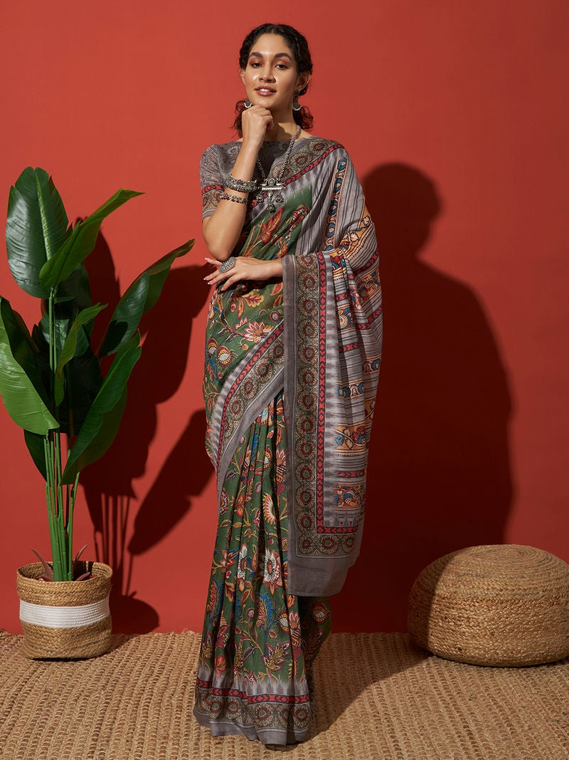 Kalamkari Art Printed Cotton Silk Saree