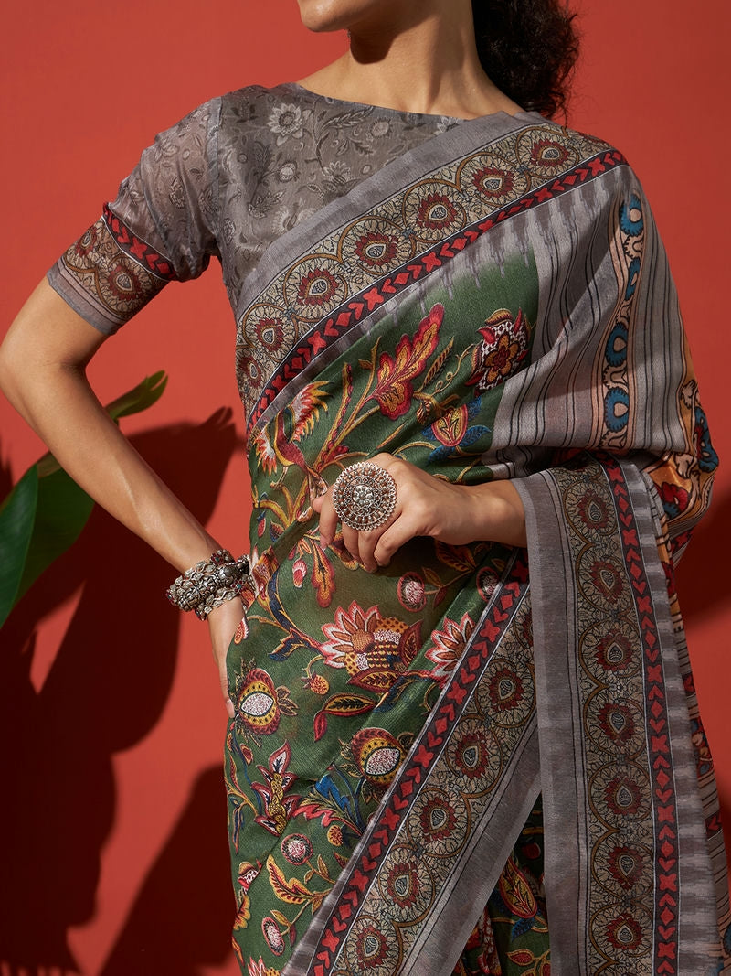 Kalamkari Art Printed Cotton Silk Saree