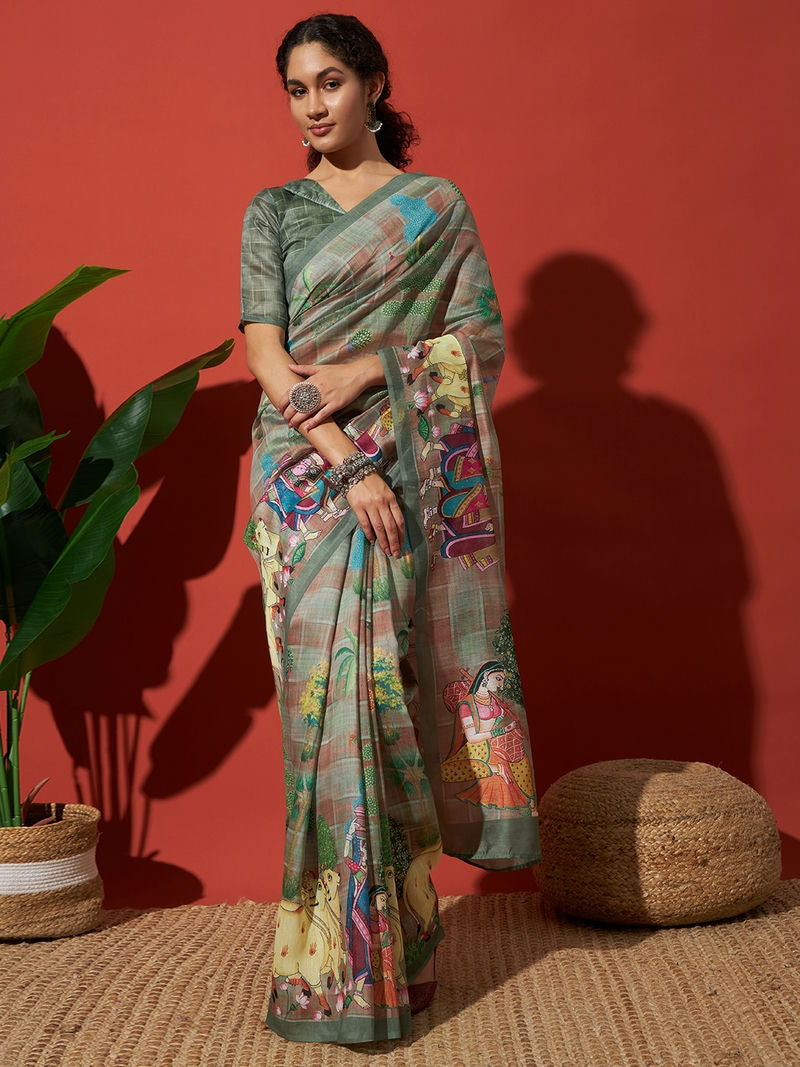 Pichwai Animal Prints Cotton Silk Saree