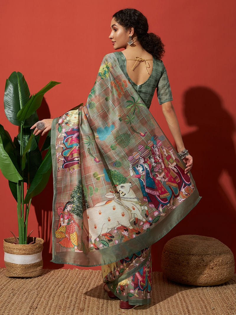 Pichwai Animal Prints Cotton Silk Saree