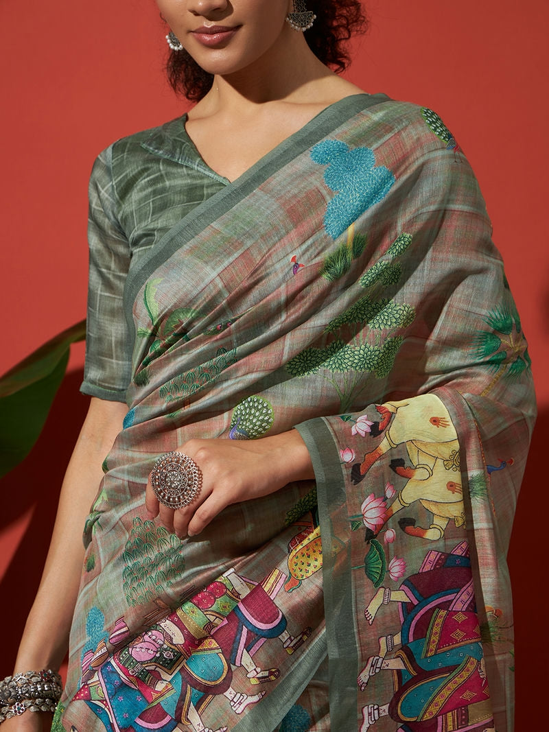 Pichwai Animal Prints Cotton Silk Saree