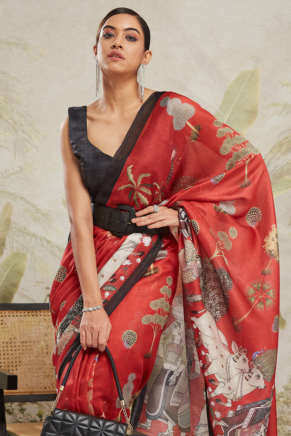 Digital Pichwai Prints Red Cotton Silk Saree