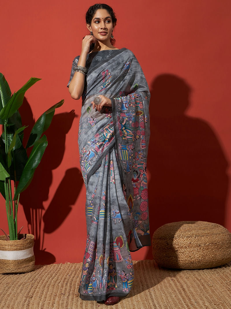 Pichwai Animal Prints Grey Cotton Silk Saree
