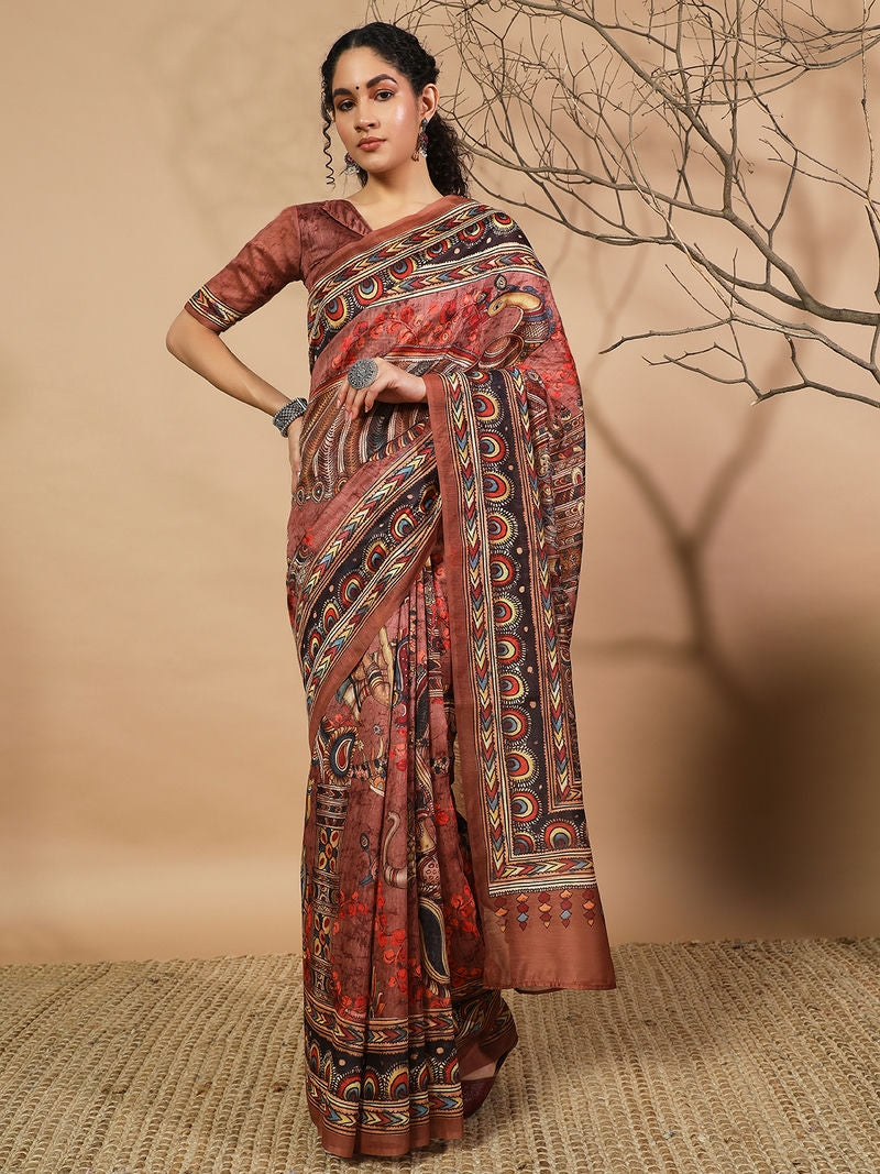 Kalamkari Peacock Prints Cotton Silk Saree