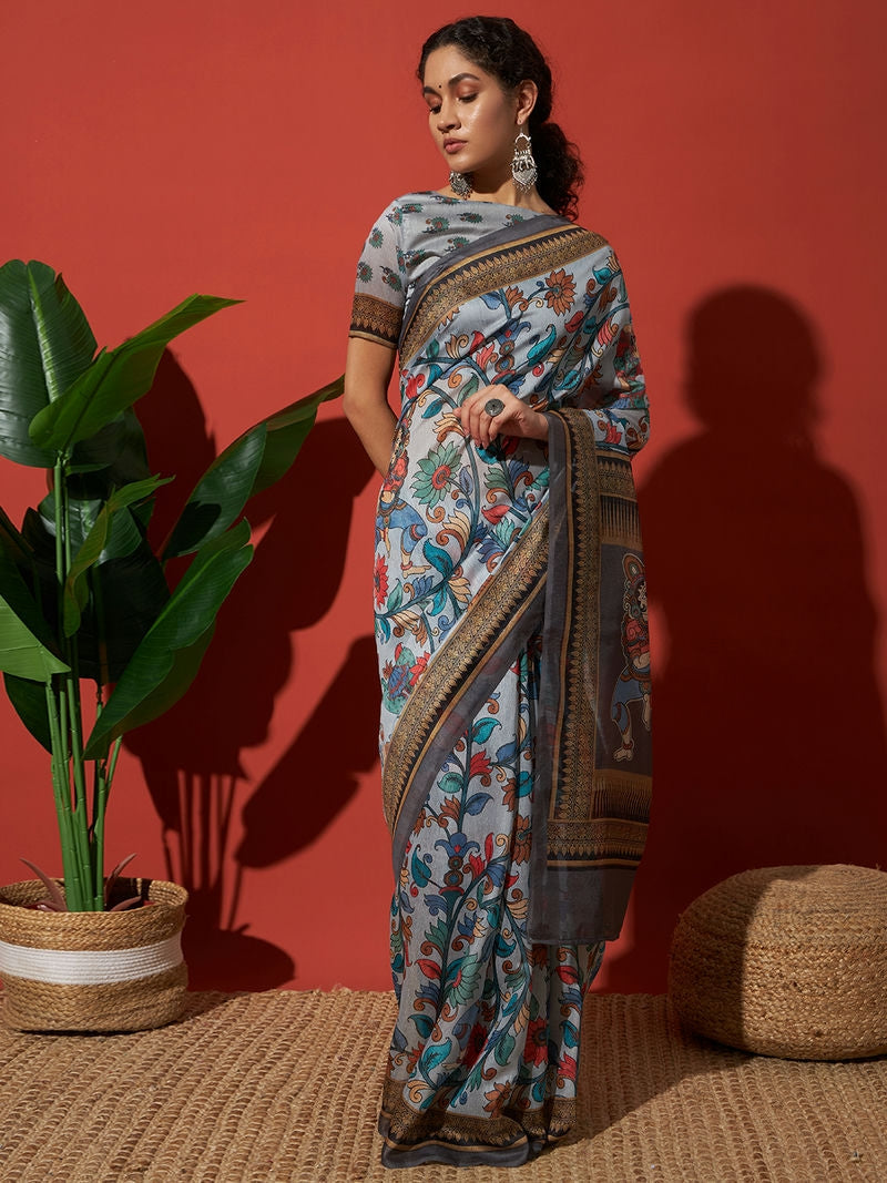 Kalamkari Prints Grey Color Cotton Silk Saree