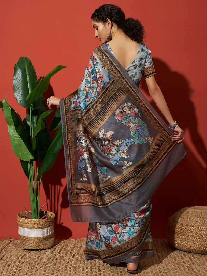 Kalamkari Prints Grey Color Cotton Silk Saree
