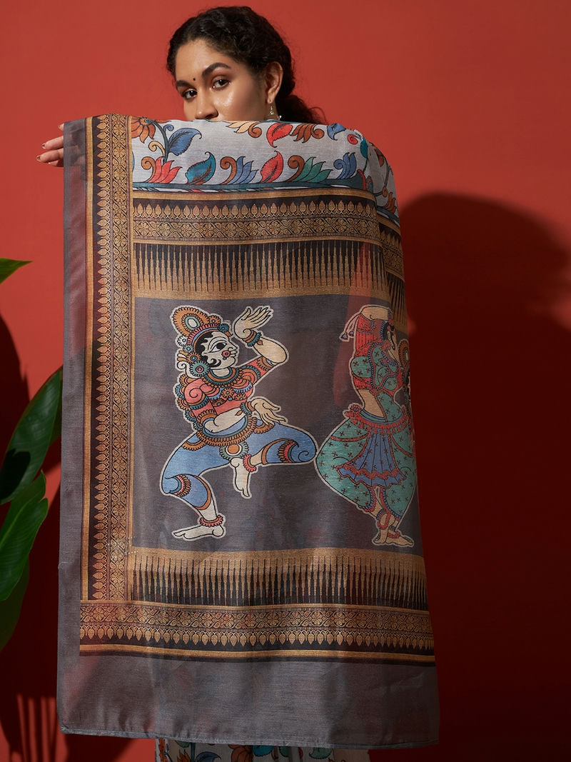 Kalamkari Prints Grey Color Cotton Silk Saree