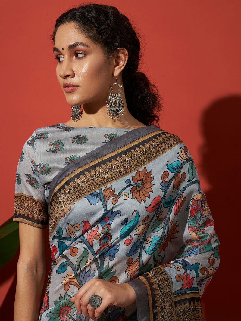 Kalamkari Prints Grey Color Cotton Silk Saree