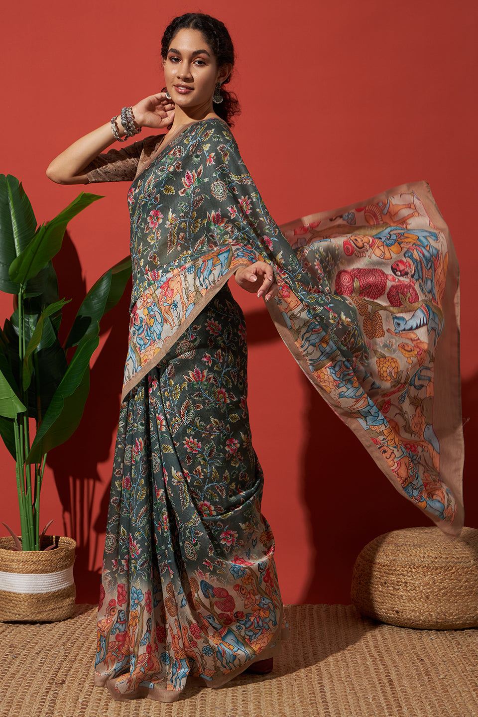 Kalamkari Pichwai Prints Cotton Silk Saree